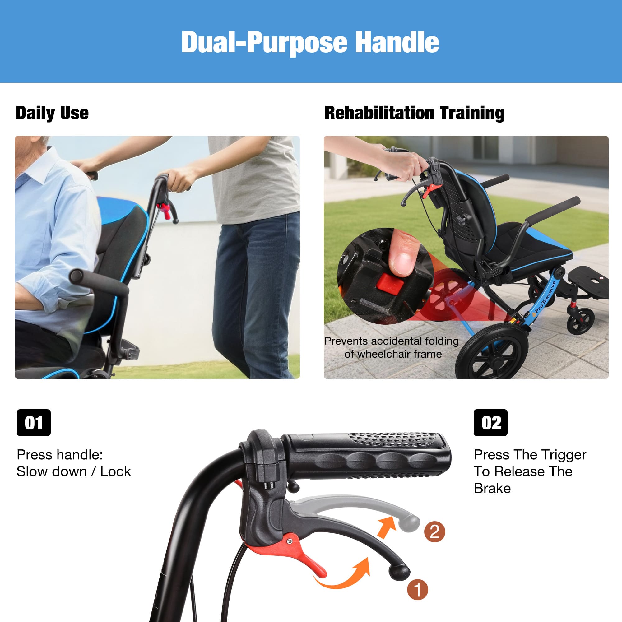 transport wheelchair with dual purpose handle