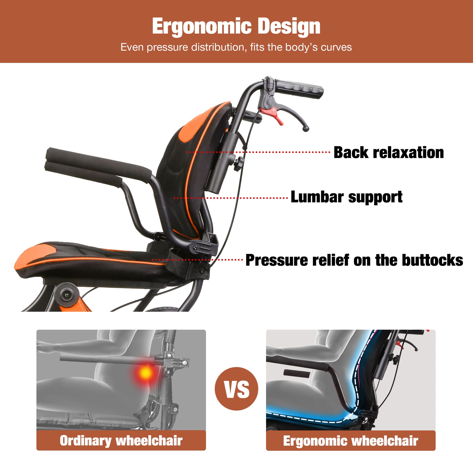 ergonomic transport wheelchair vs ordinary transport wheelchair#a04 orange