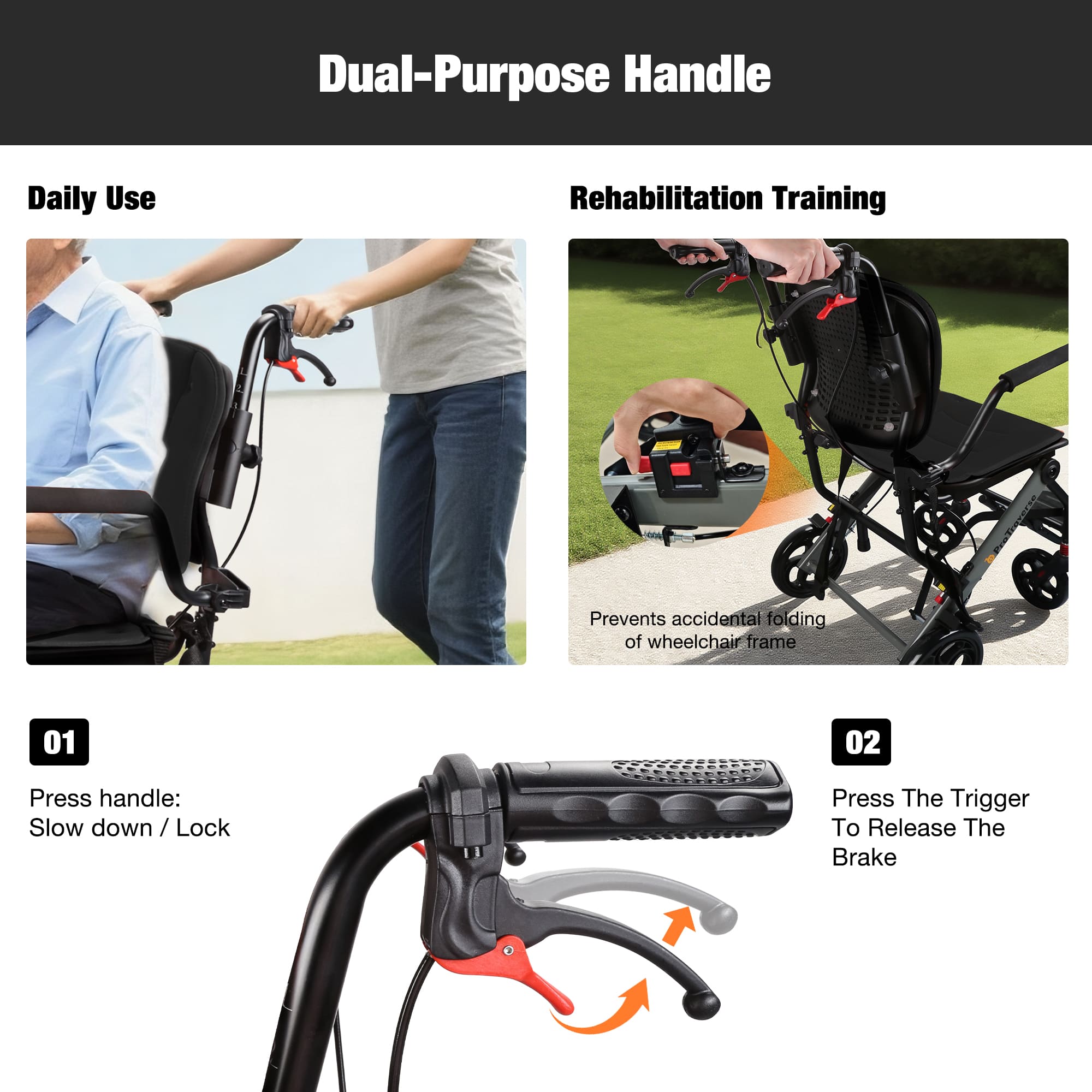 high back wheelchair with dual-purpose handle