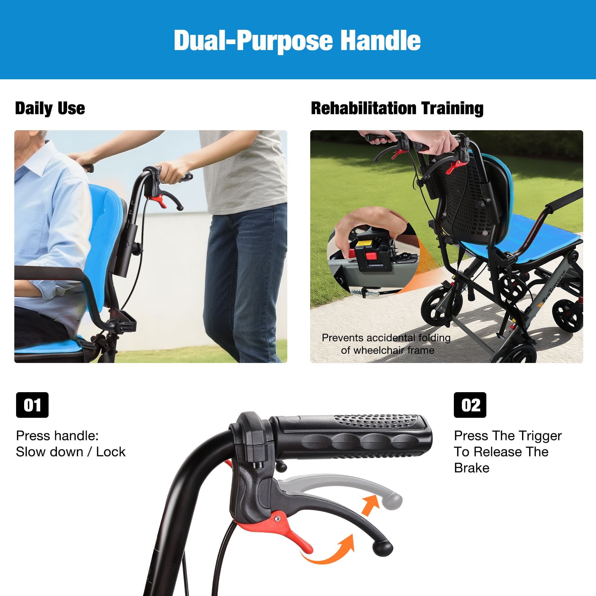 transport wheelchair with dual purpose handle#a05 blue