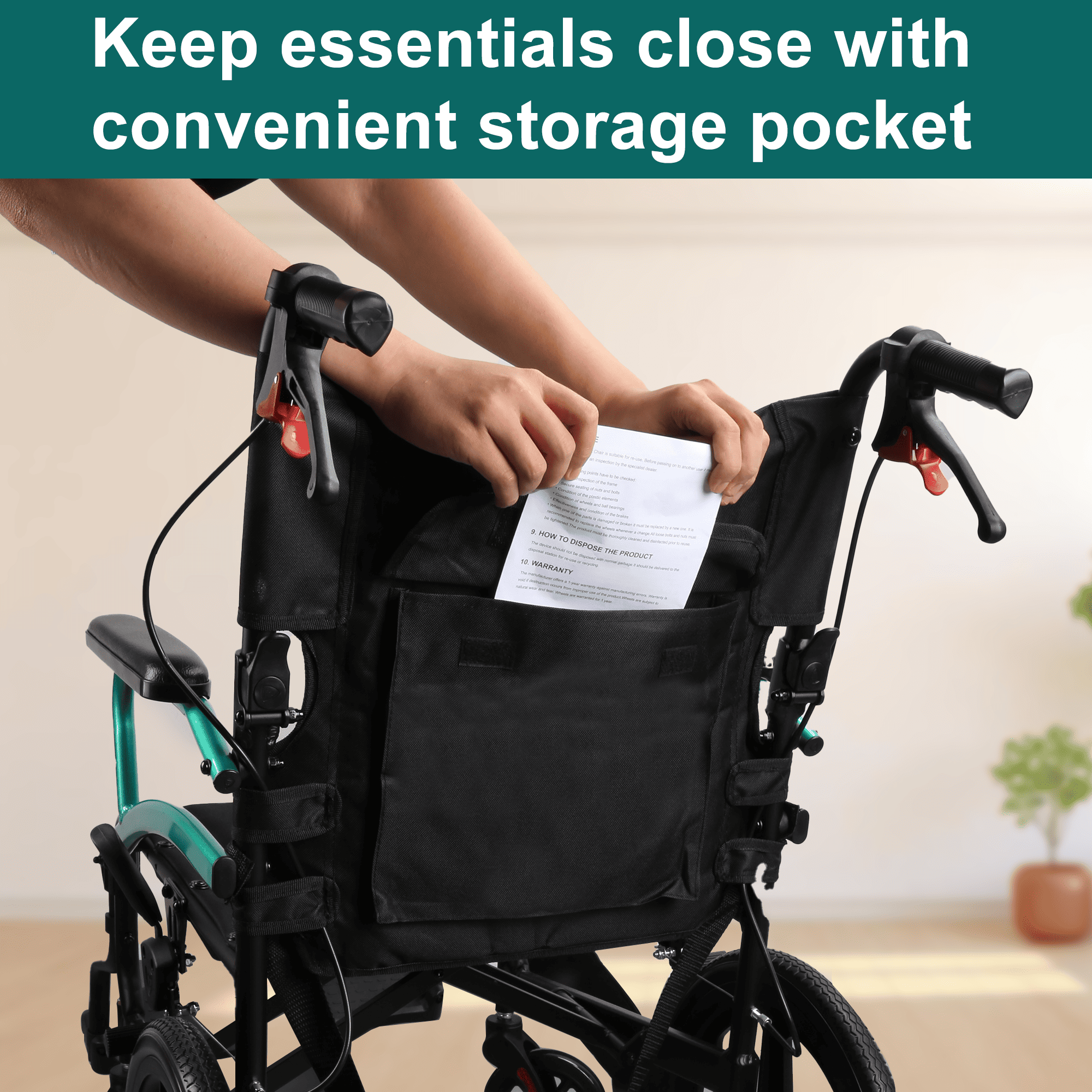transport wheelchair with storage pocket#a08 green