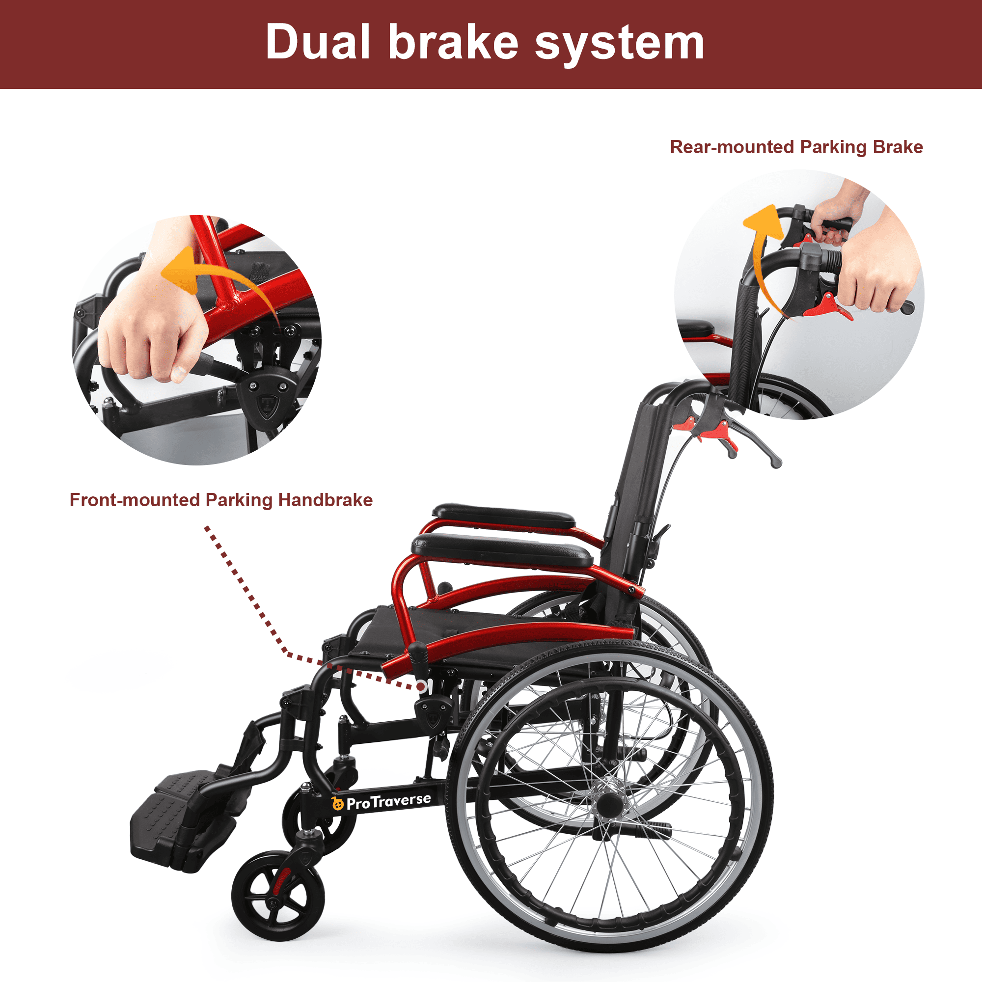 manual wheelchair with dual-brake system#a08s red