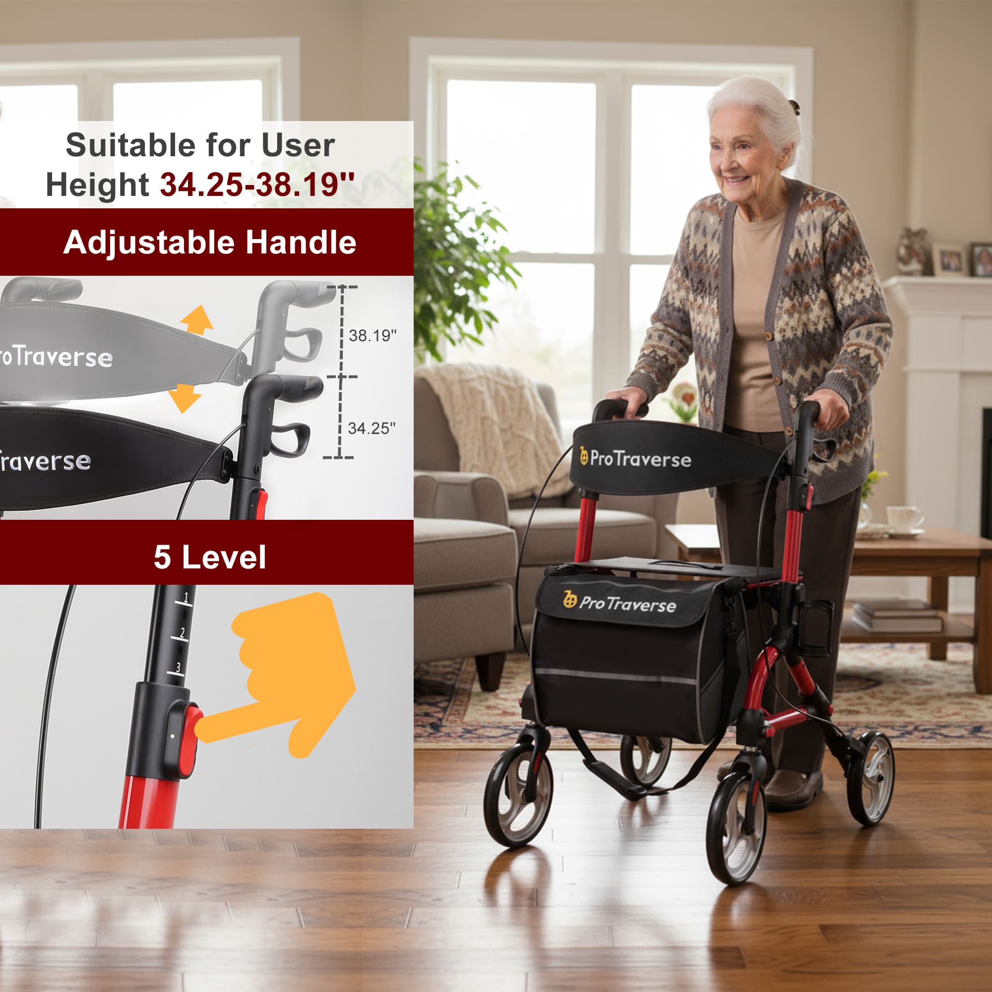 rollator height adjustment#ar40 red