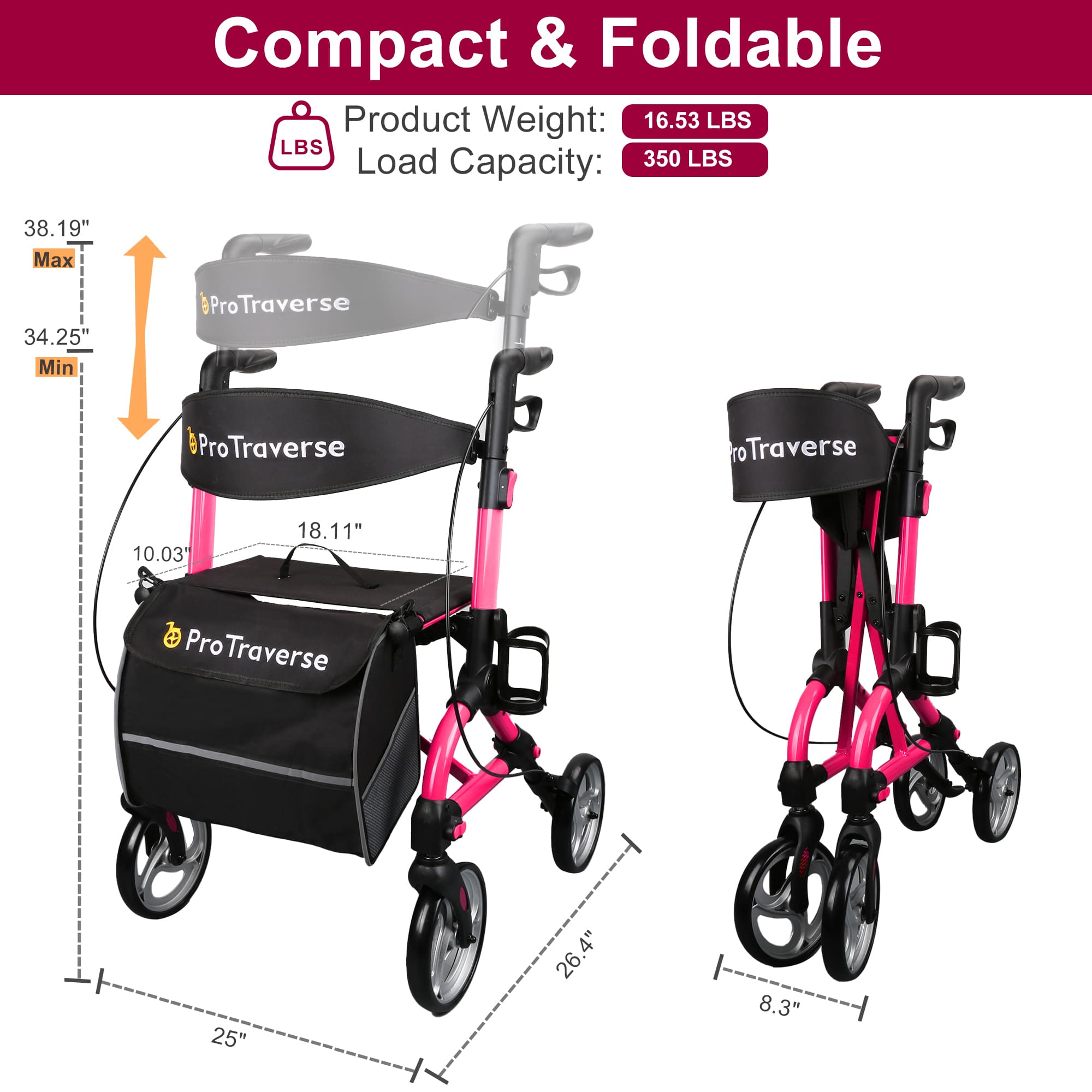 folding rollator height adjustment#ar40 pink