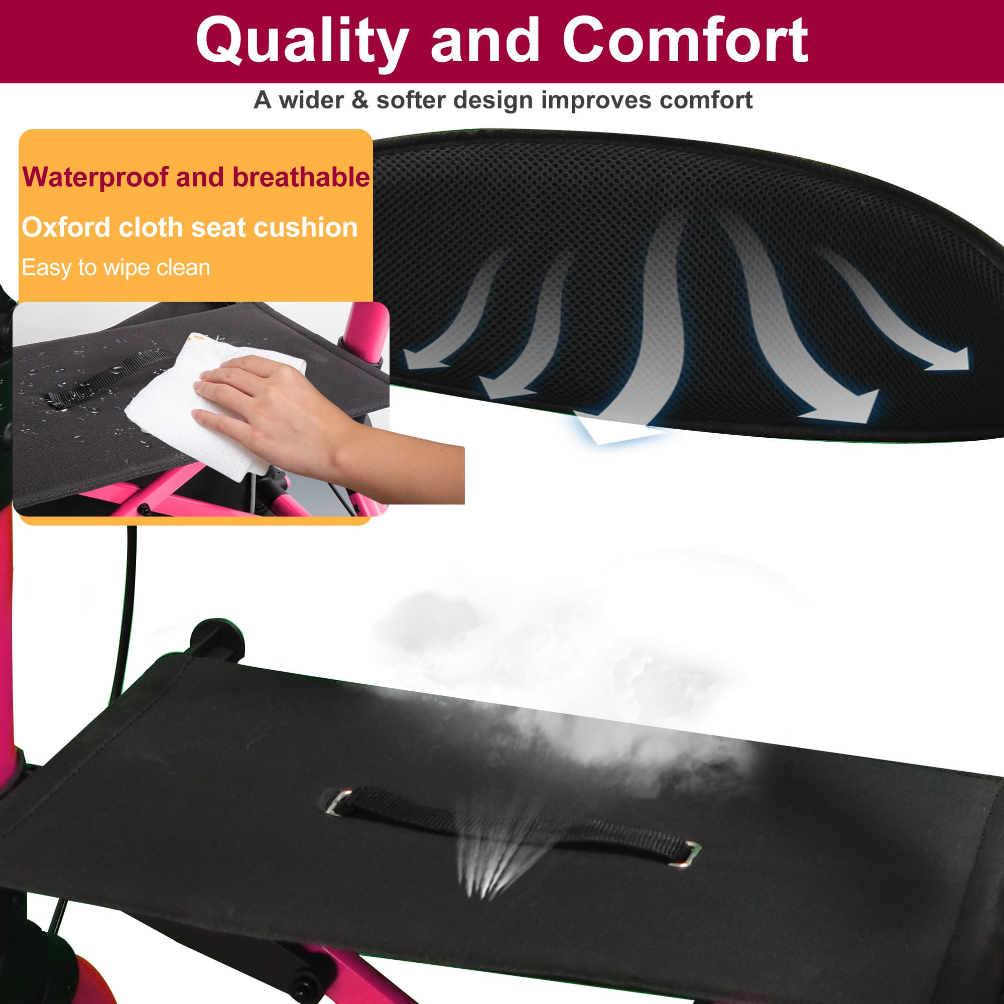 rollator with waterproof seat cushion#ar40 pink