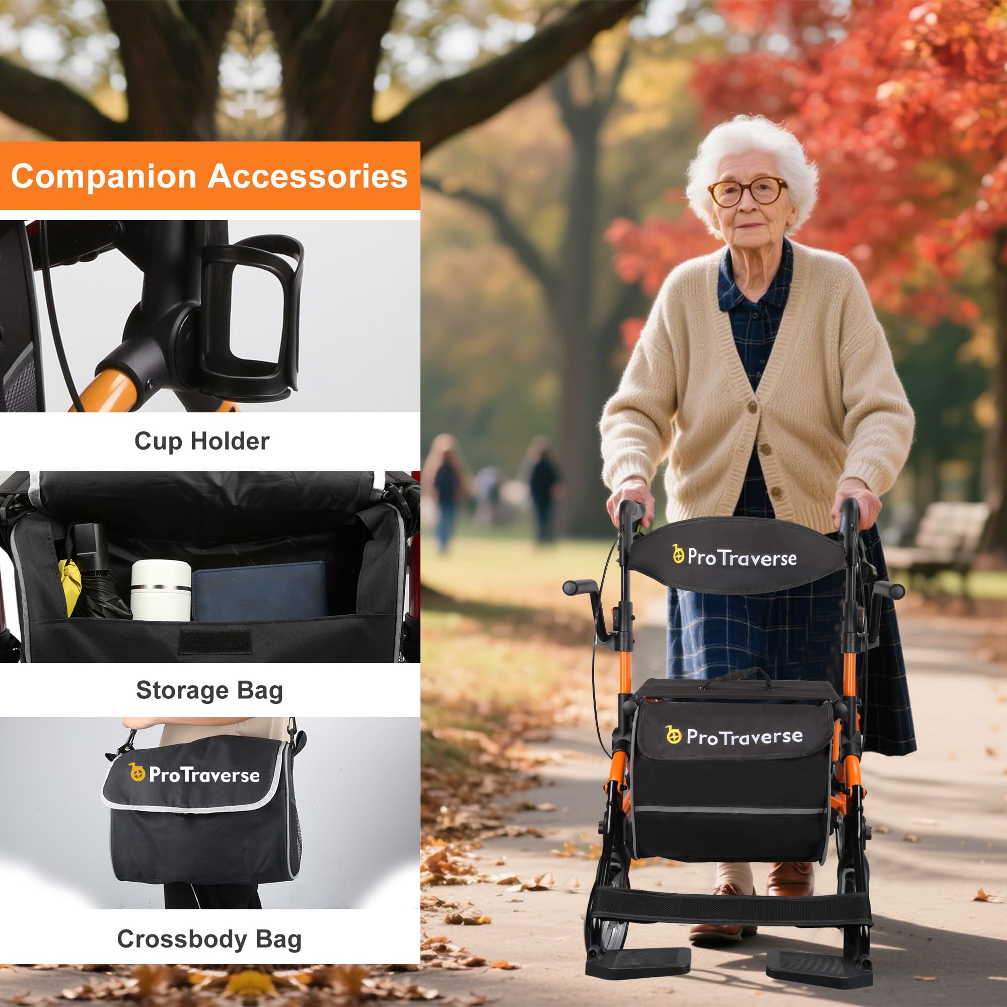 rollator with cup holder and storage bag#ar80 orange