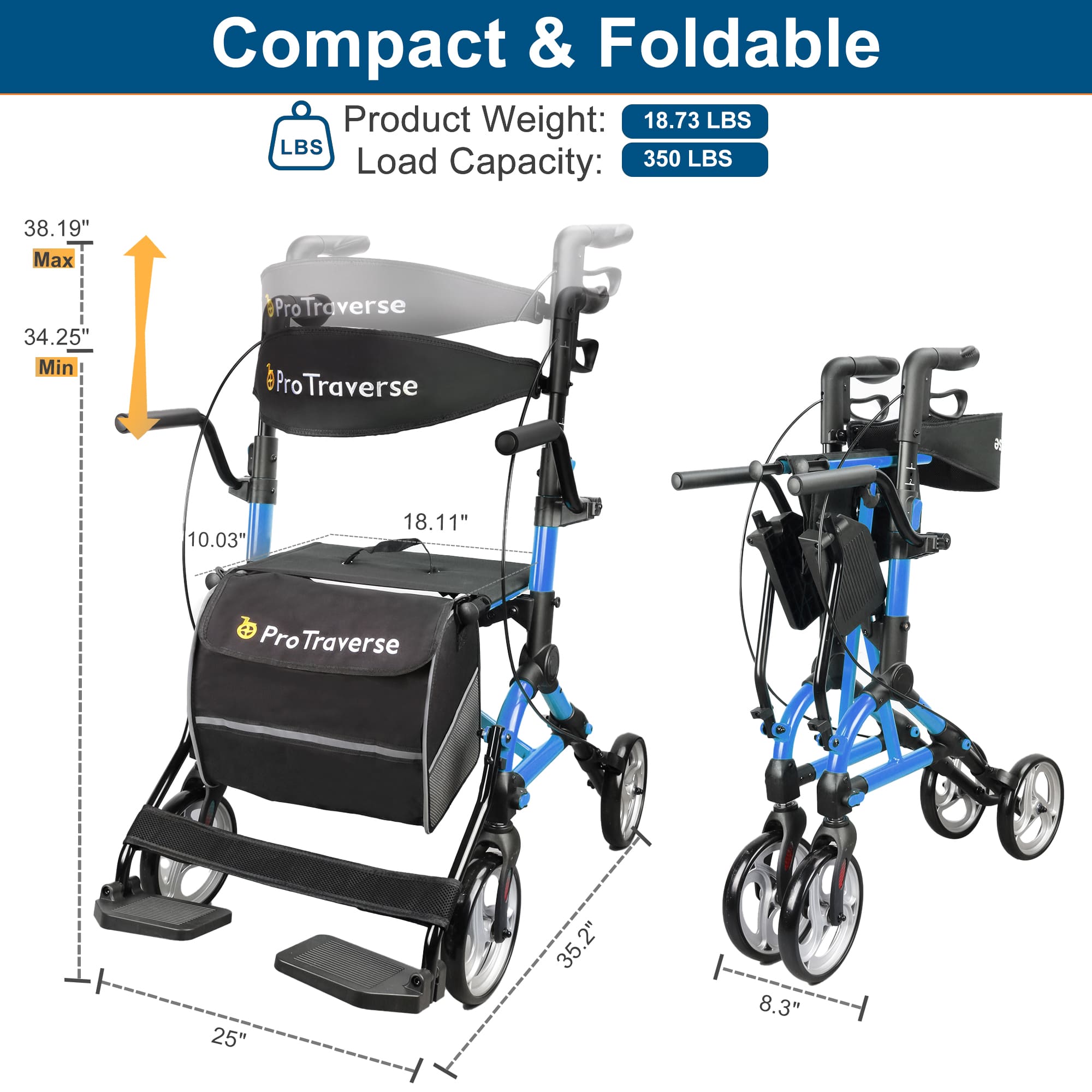compact and foldable rollator#ar80 blue