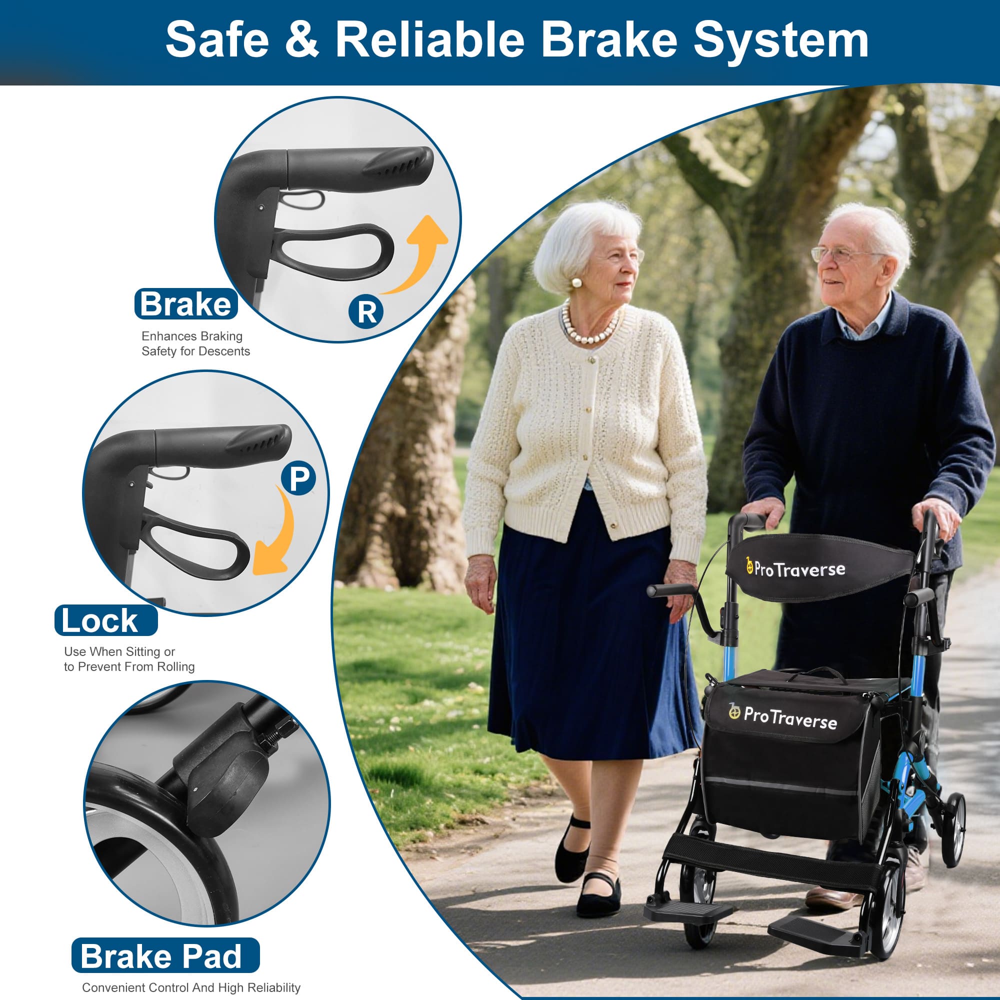 rollator with brake pad and lock for safety#ar80 blue