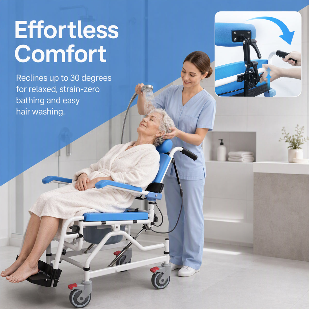 4-in-1 Reclining Shower Commode Wheelchair with Adjustable Comfort
