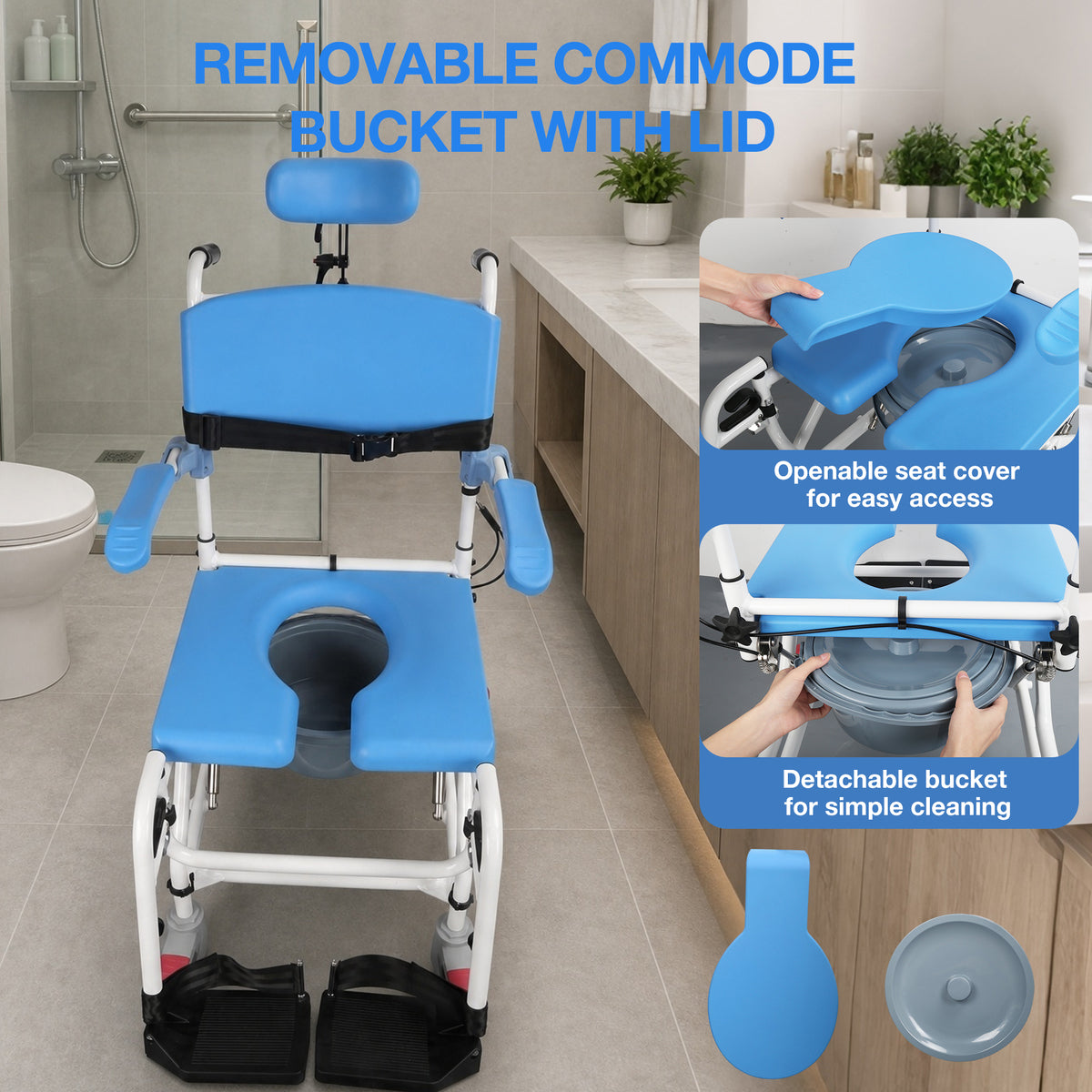 4-in-1 Reclining Shower Commode Wheelchair with Adjustable Comfort