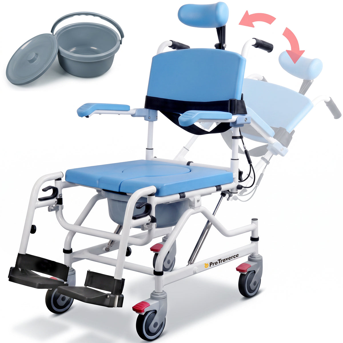 4-in-1 Reclining Shower Commode Wheelchair with Adjustable Comfort