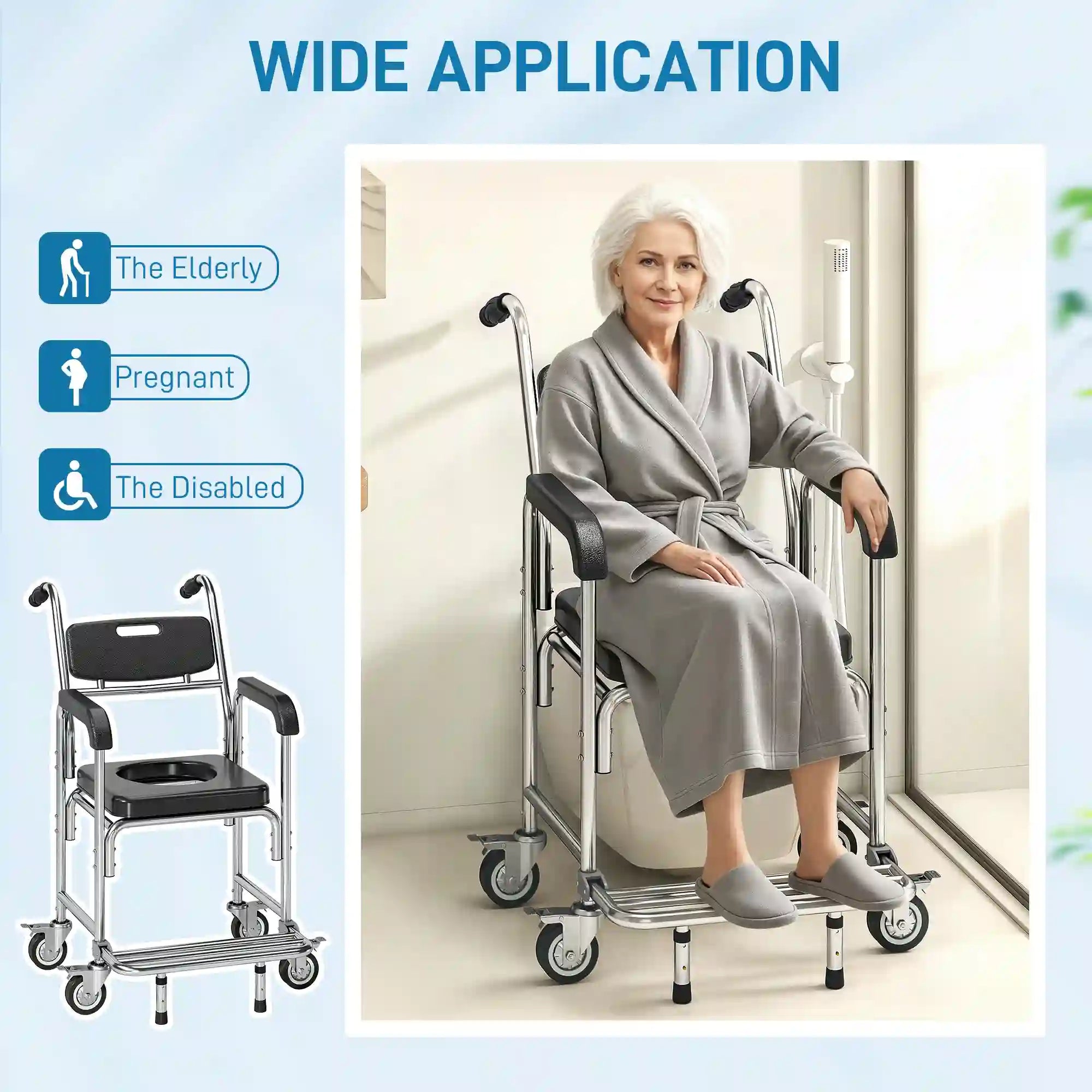 Shower Commode Wheelchair 3-in-1 for Home Care, 330 lb Capacity & Wheels