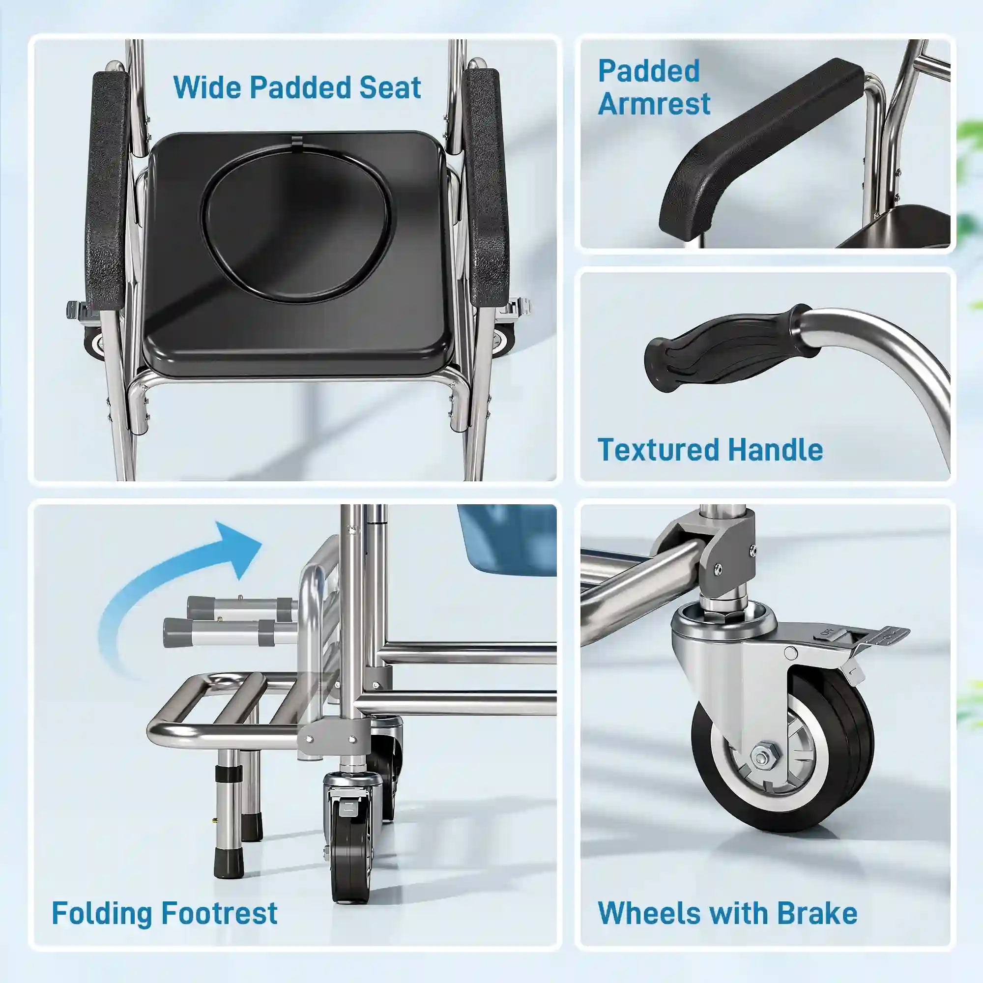 Shower Commode Wheelchair 3-in-1 for Home Care, 330 lb Capacity & Wheels
