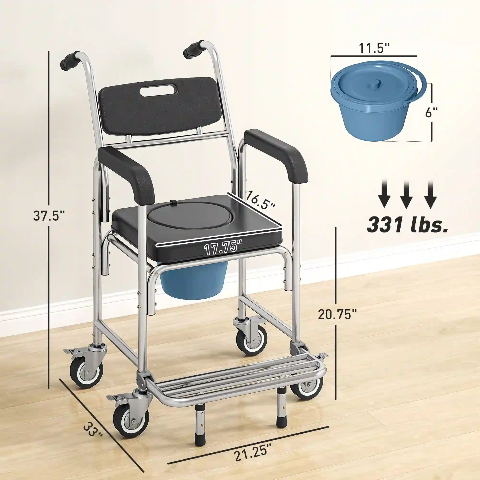 Shower Commode Wheelchair 3-in-1 for Home Care, 330 lb Capacity & Wheels
