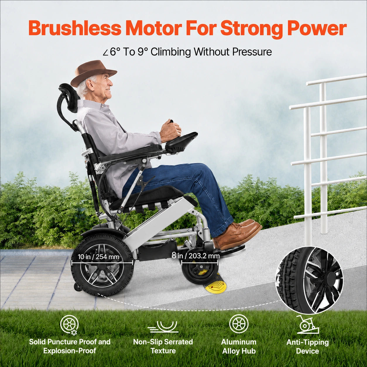 all terrain electric wheelchair with powerful brushless motor and solid tires