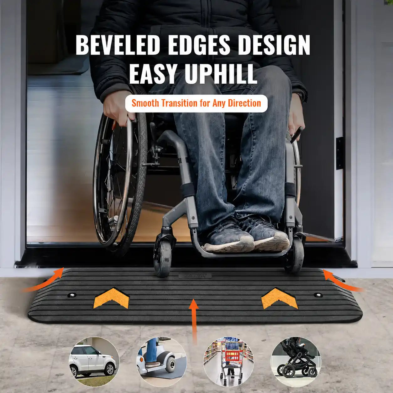 Wheelchair Threshold Ramp, Non-Slip Textured Rubber Curb Ramp, 33,069 lb Capacity