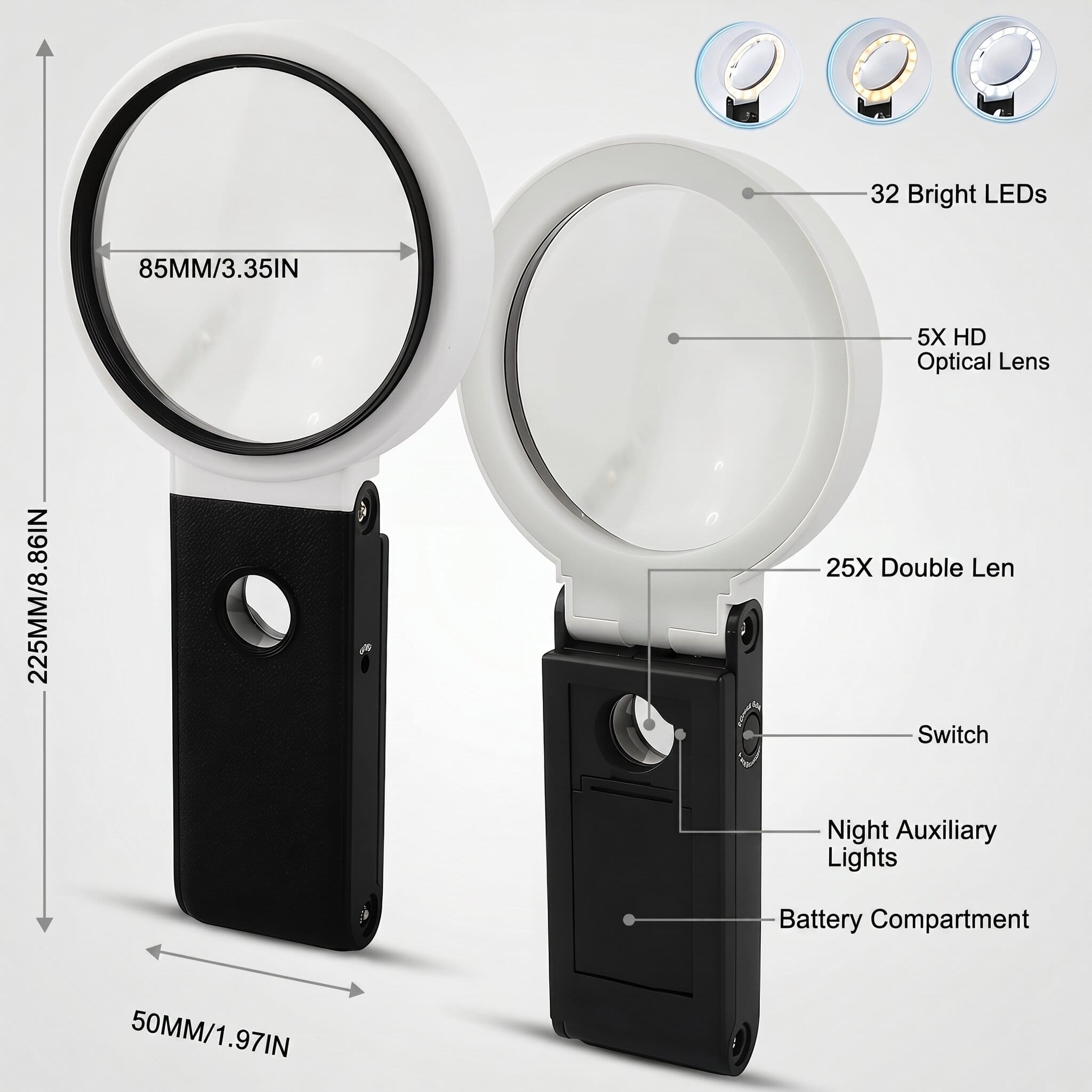 Magnifying Glass with Light, 5X Large Lens Magnifier with LED Lights, Foldable Stand & Case