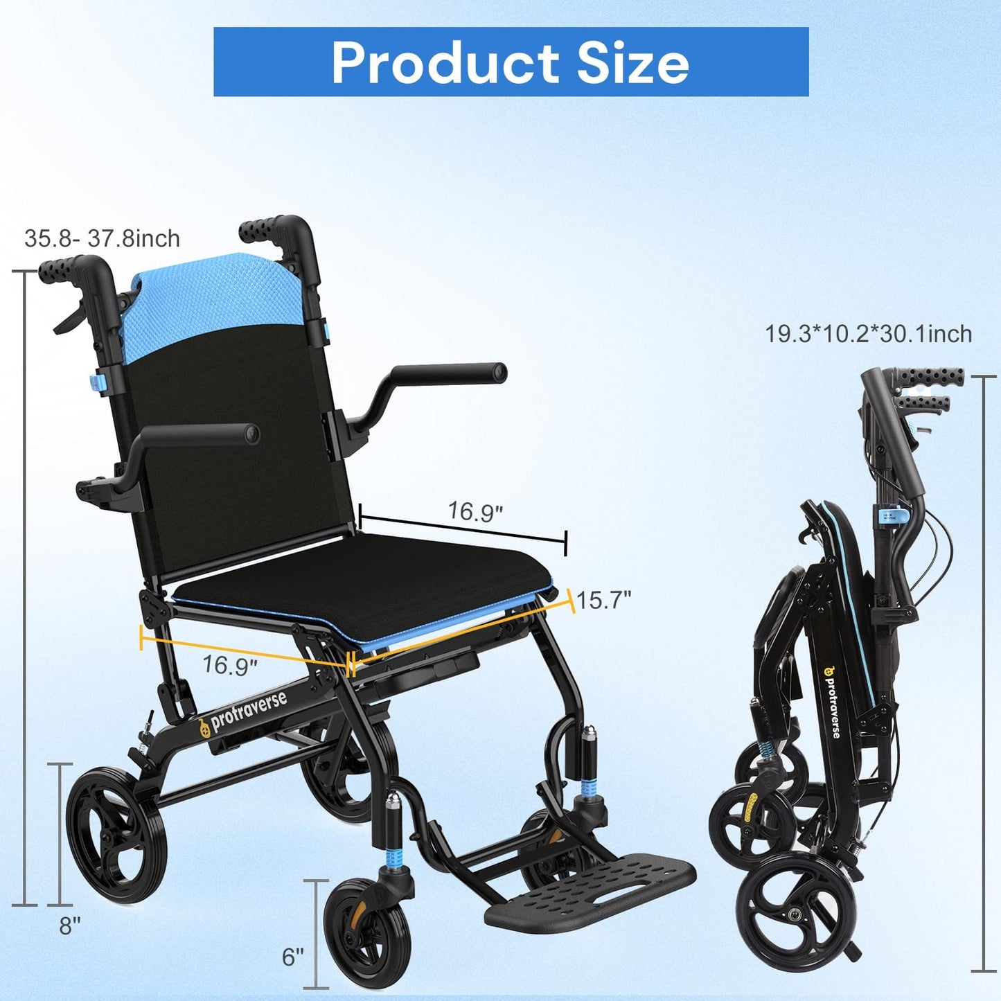 ProTraverse Ultra-Lightweight Portable Transport Wheelchair for Adults