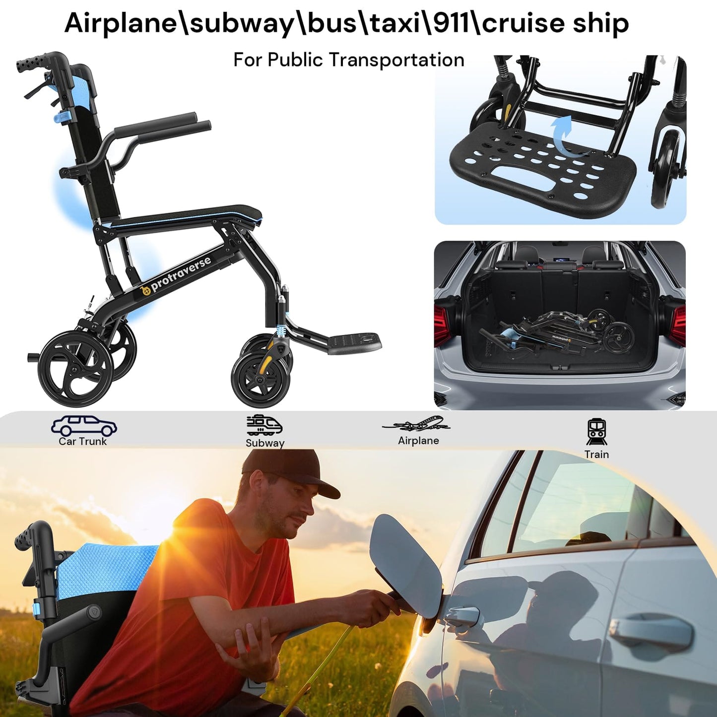 ProTraverse Ultra-Lightweight Portable Transport Wheelchair for Adults