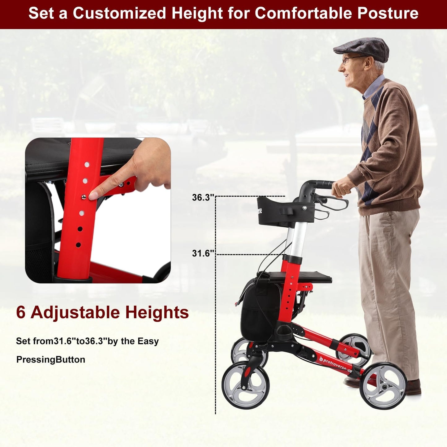 Lightweight Foldable and Adjustable Height Rollator Walker for Seniors with Seat