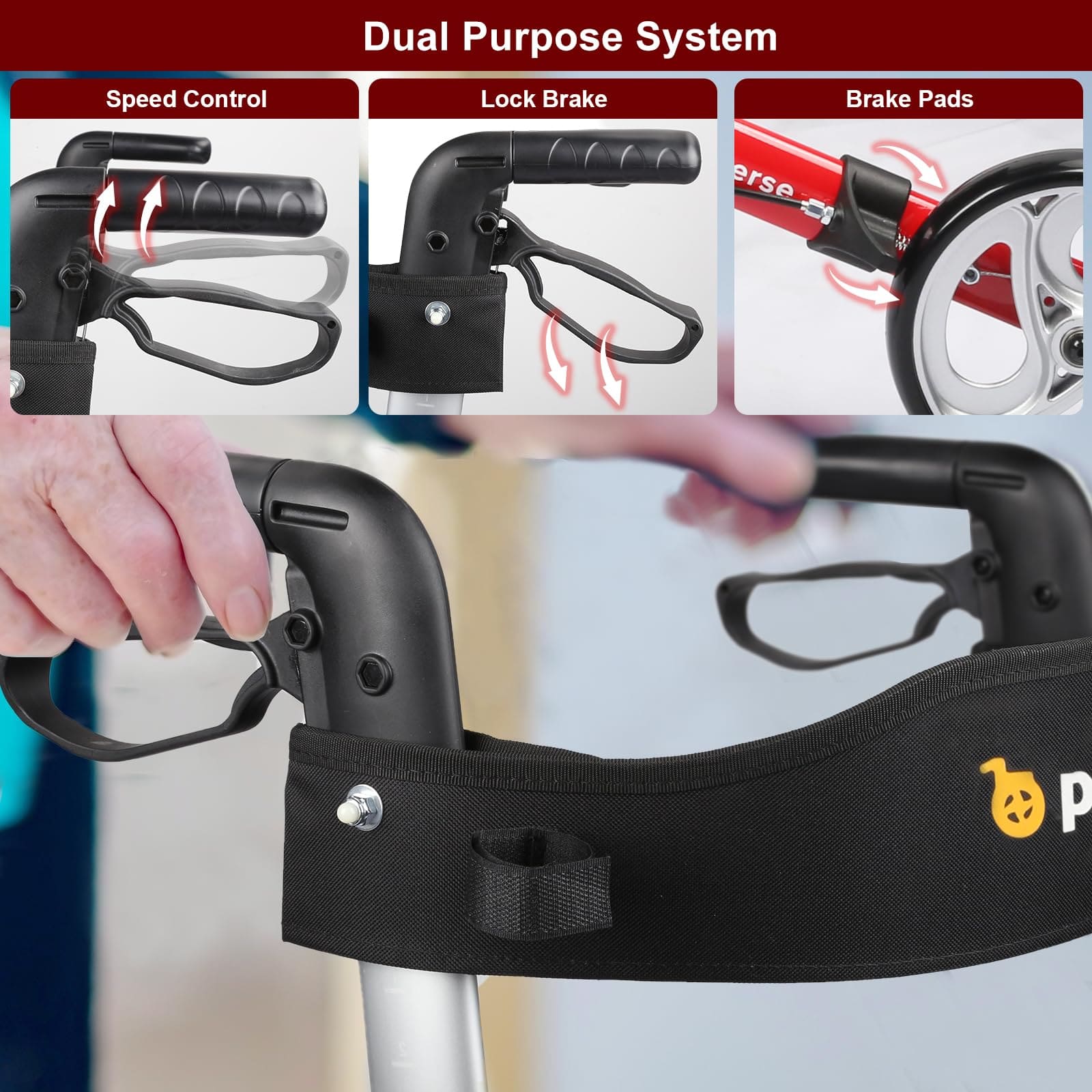 rollator with dual-purpose brake#ar60 red