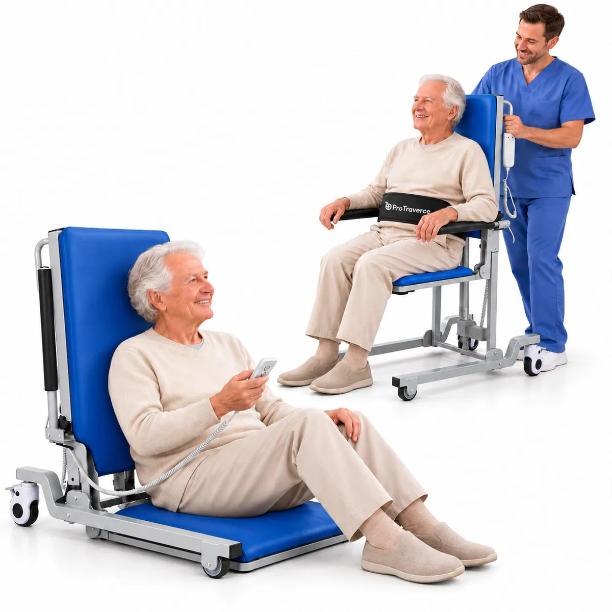 Sit to stand lift used for assisted transfers in a home care setting#ProTraverce SAL06_blue