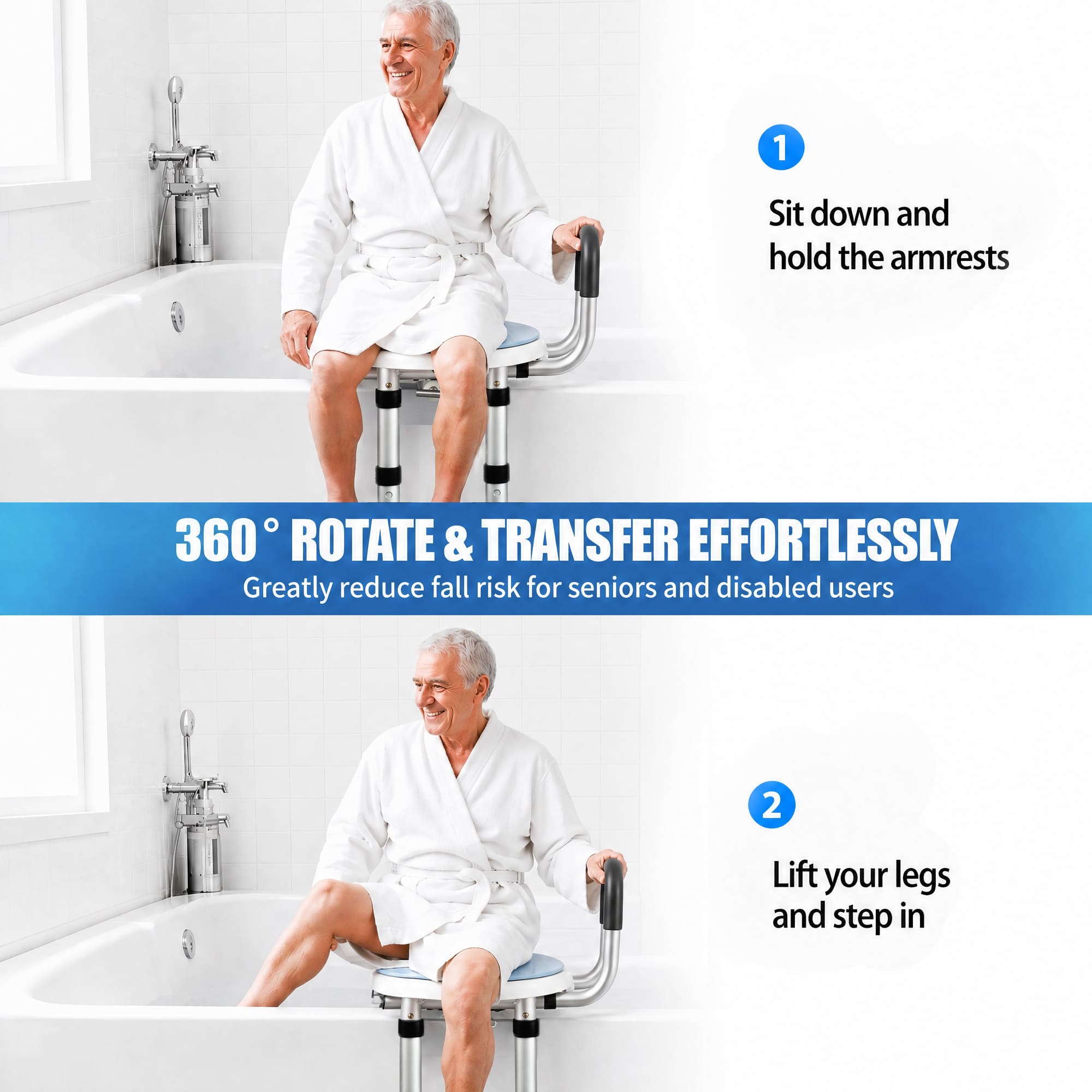 360° Swivel Shower Chair for Safe & Easy Bathtub Transfers