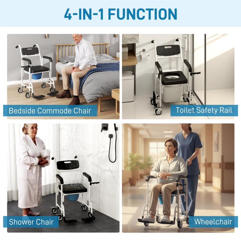 4-in-1 Rolling Shower Wheelchair Commode Chair for Seniors & Adults