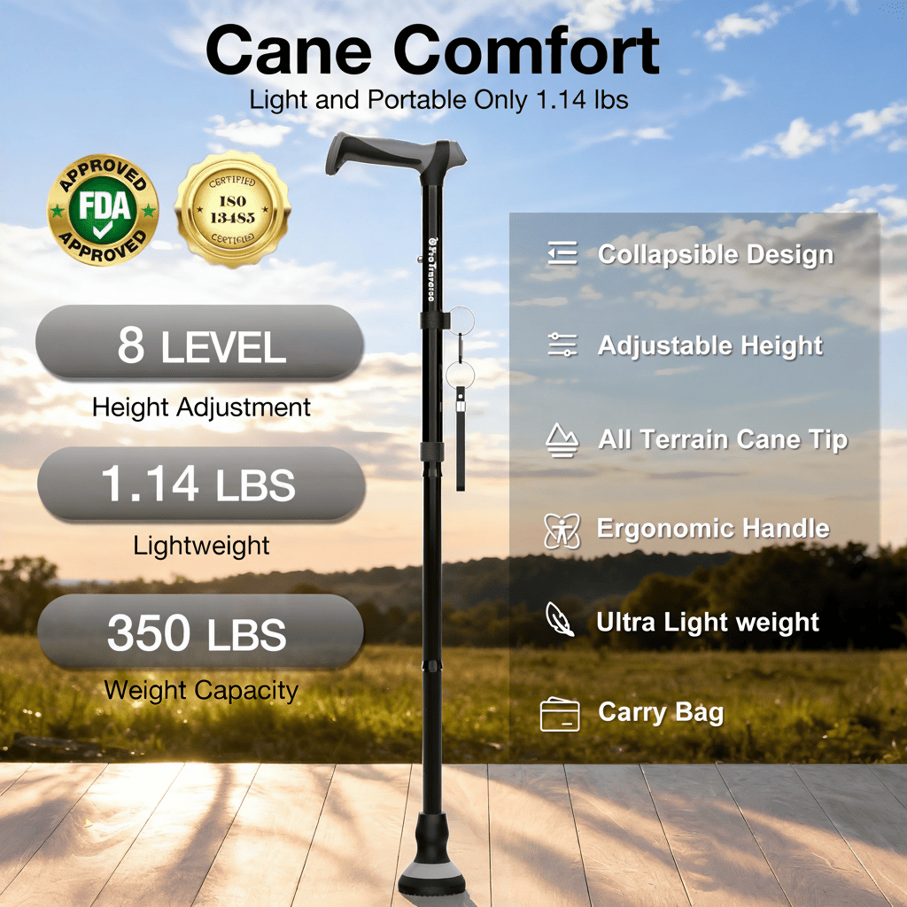 Foldable Lightweight Walking Cane for Seniors with Wrist Strap & Emergency ID Tag