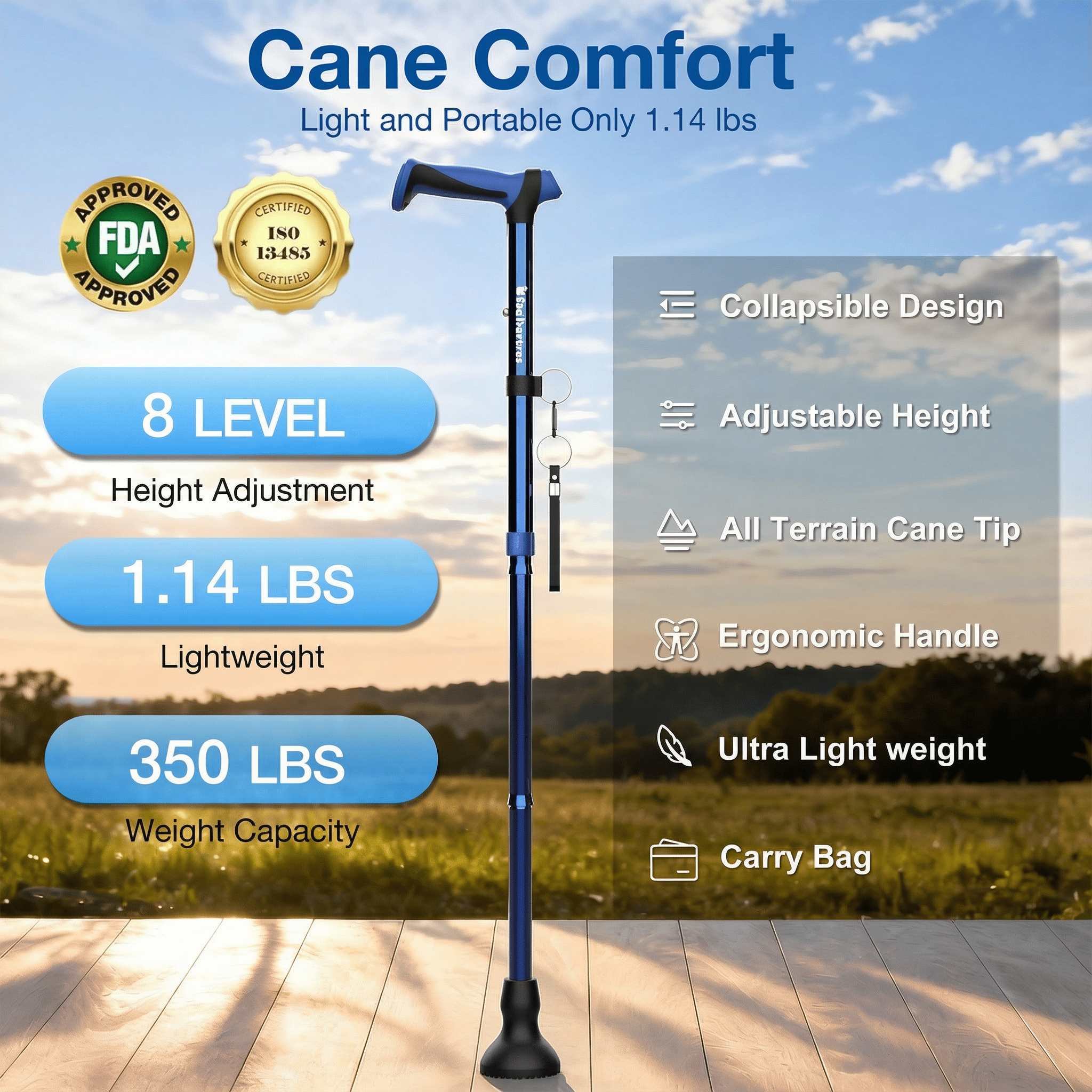 All terrain walking cane with swivel rubber base on sidewalk