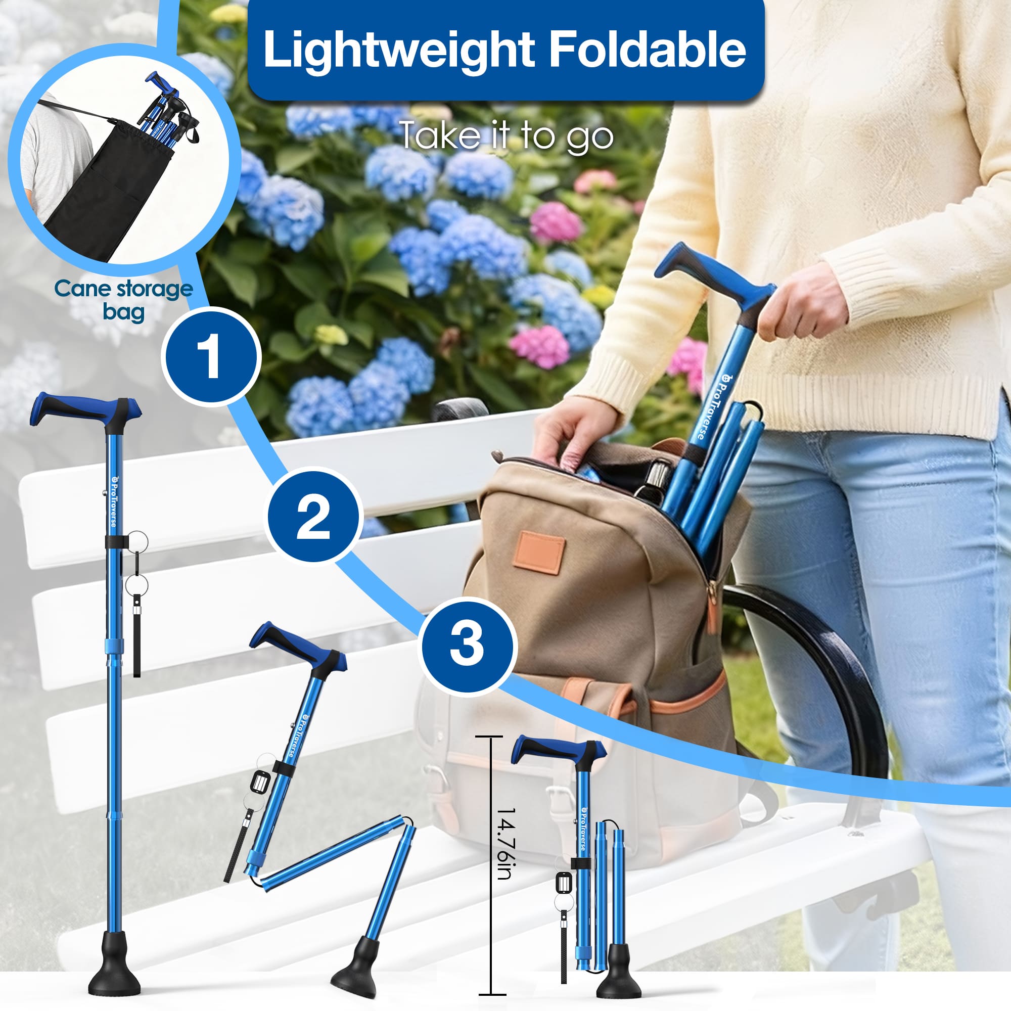 Foldable Lightweight Walking Cane for Seniors with Wrist Strap & Emergency ID Tag
