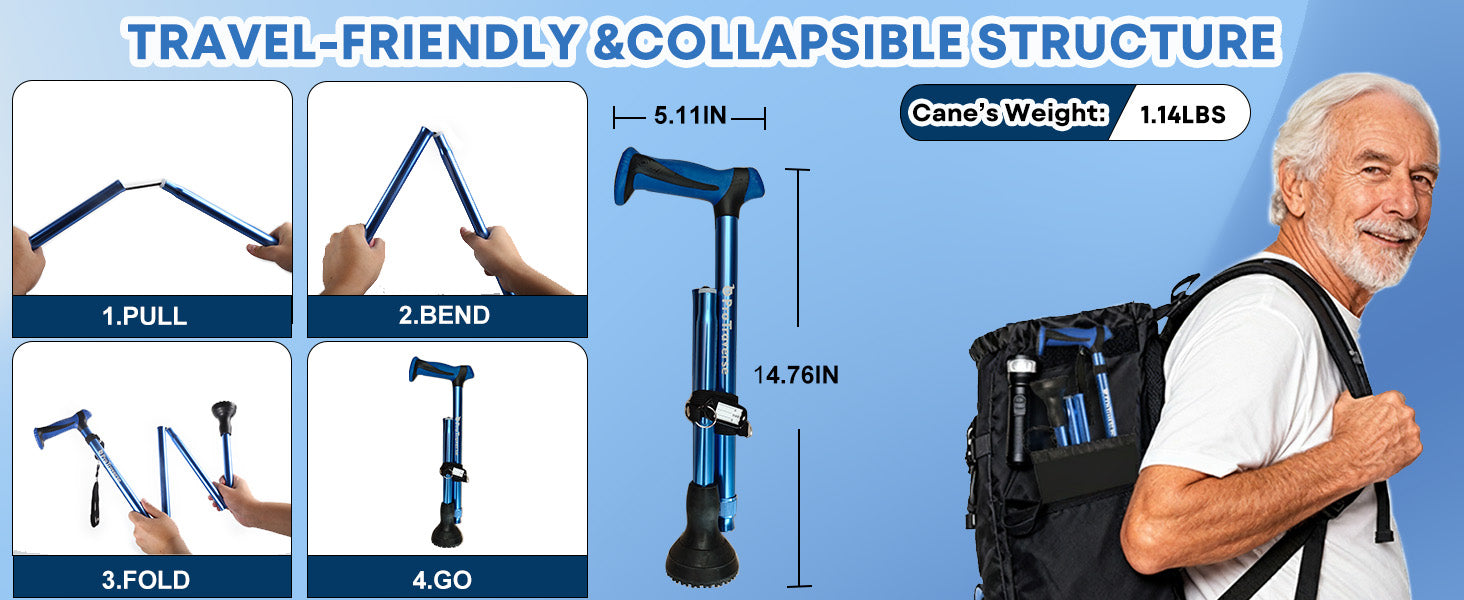 Foldable walking cane stored in drawer for easy storage