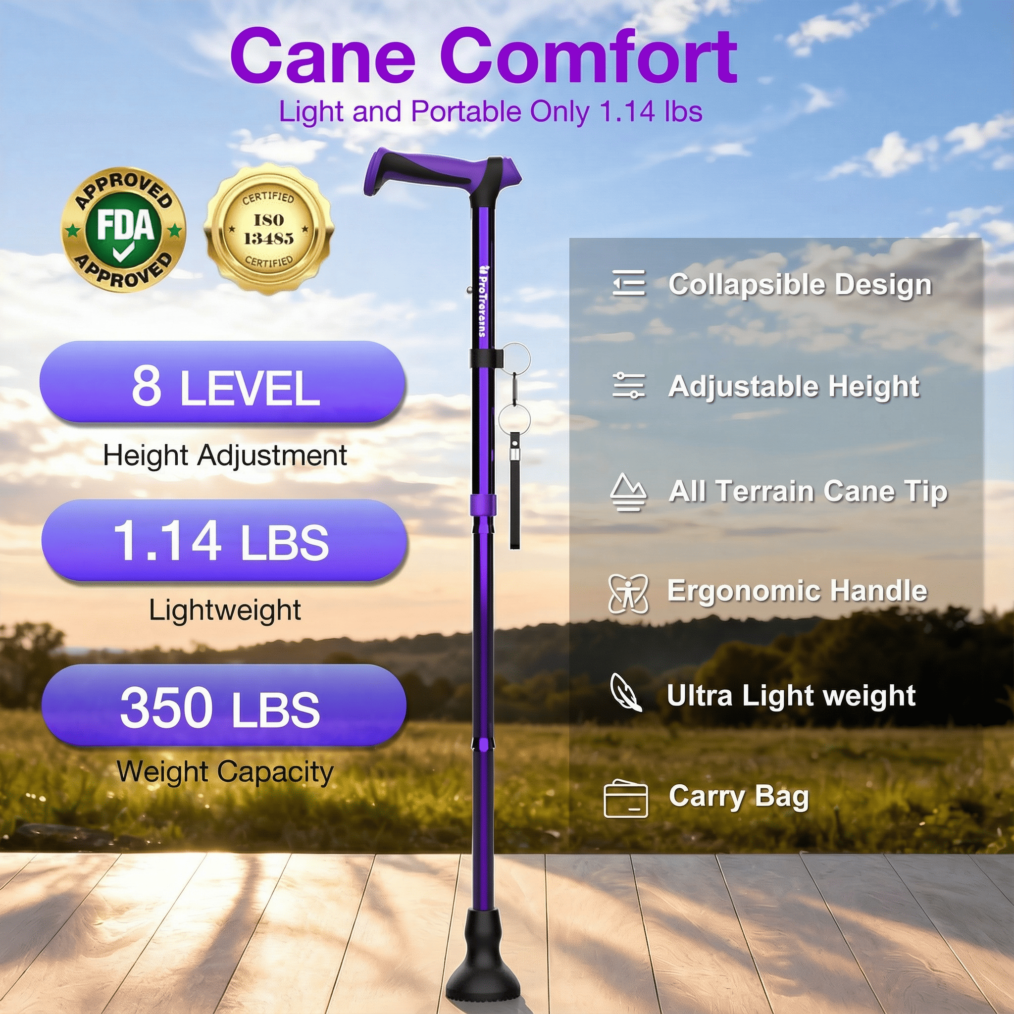 Foldable Lightweight Walking Cane for Seniors with Wrist Strap & Emergency ID Tag