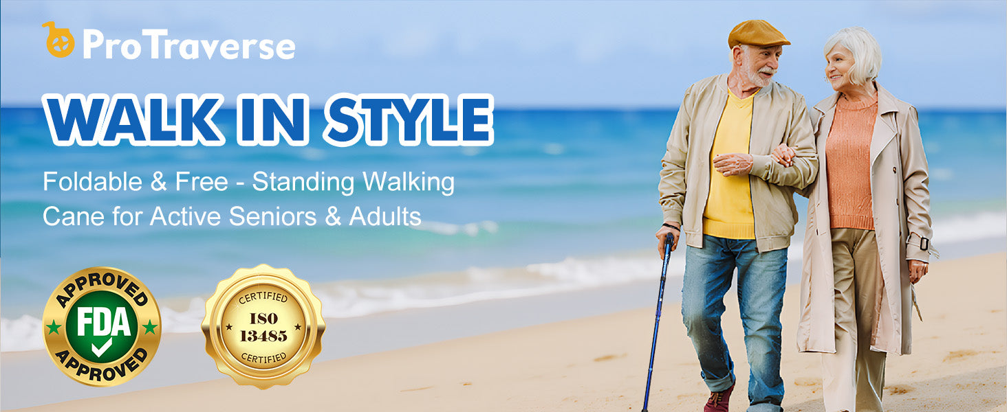 Walking cane for elderly adults walking in residential neighborhood