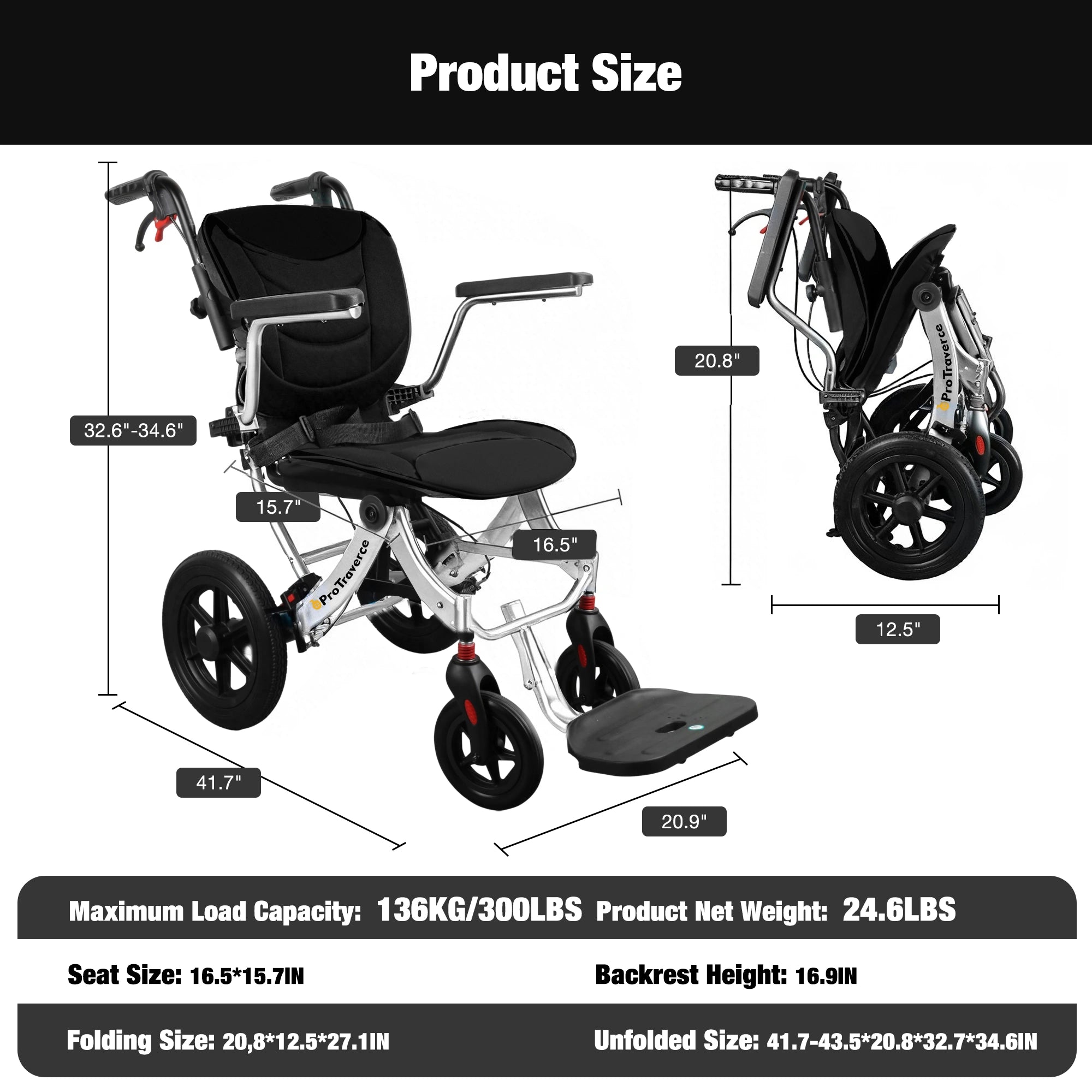 Lightweight Foldable Wheelchair for Adults with 12" Wheels