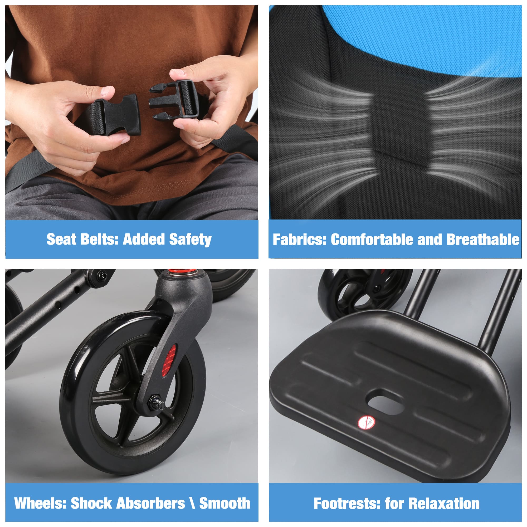 transport wheelchair with seat belts and fabrics