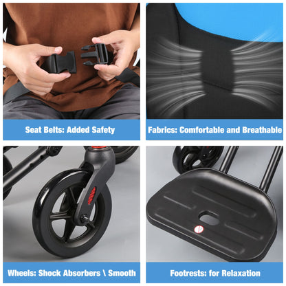 transport wheelchair with seat belts and fabrics