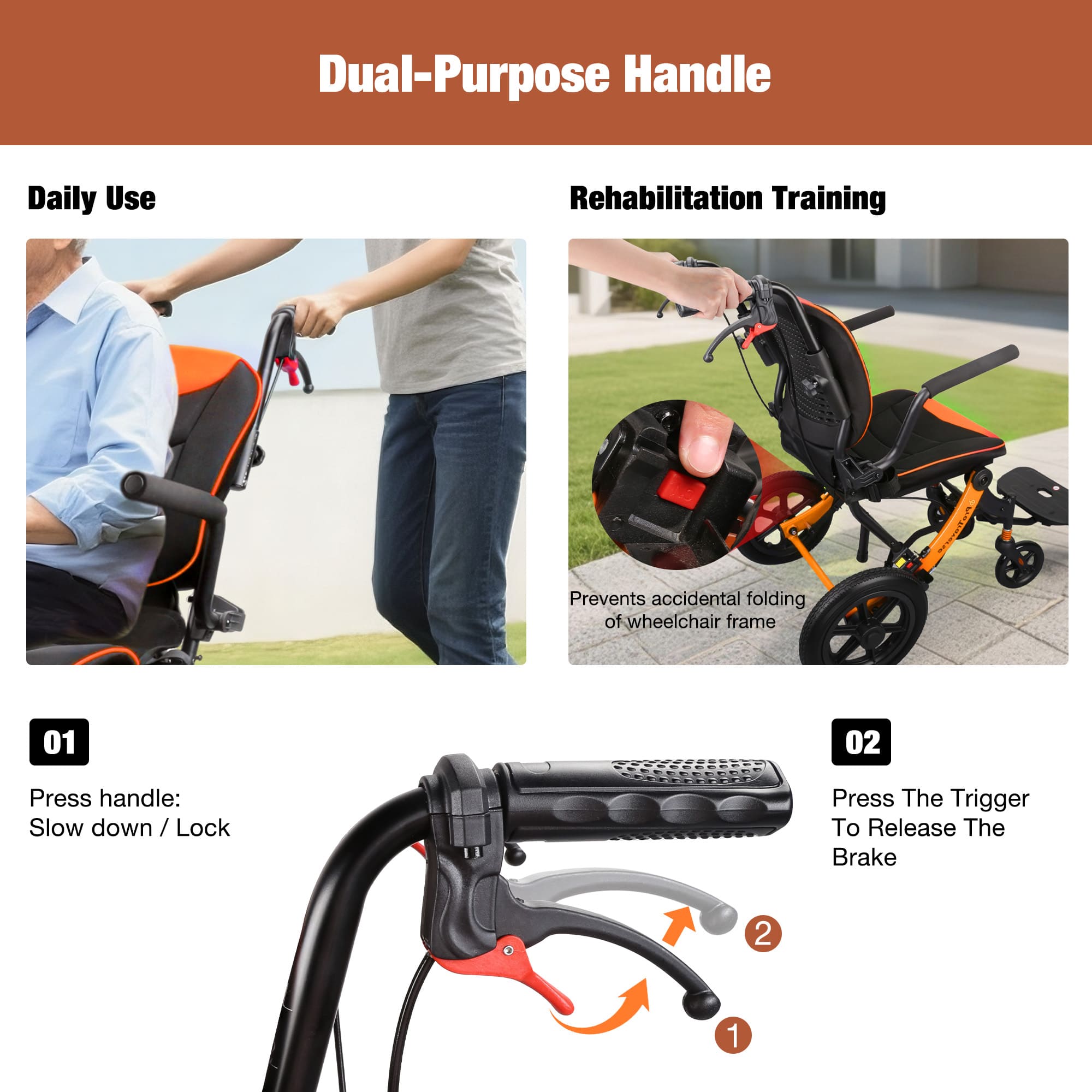 transport wheelchair with dual purpose handle#a04 orange