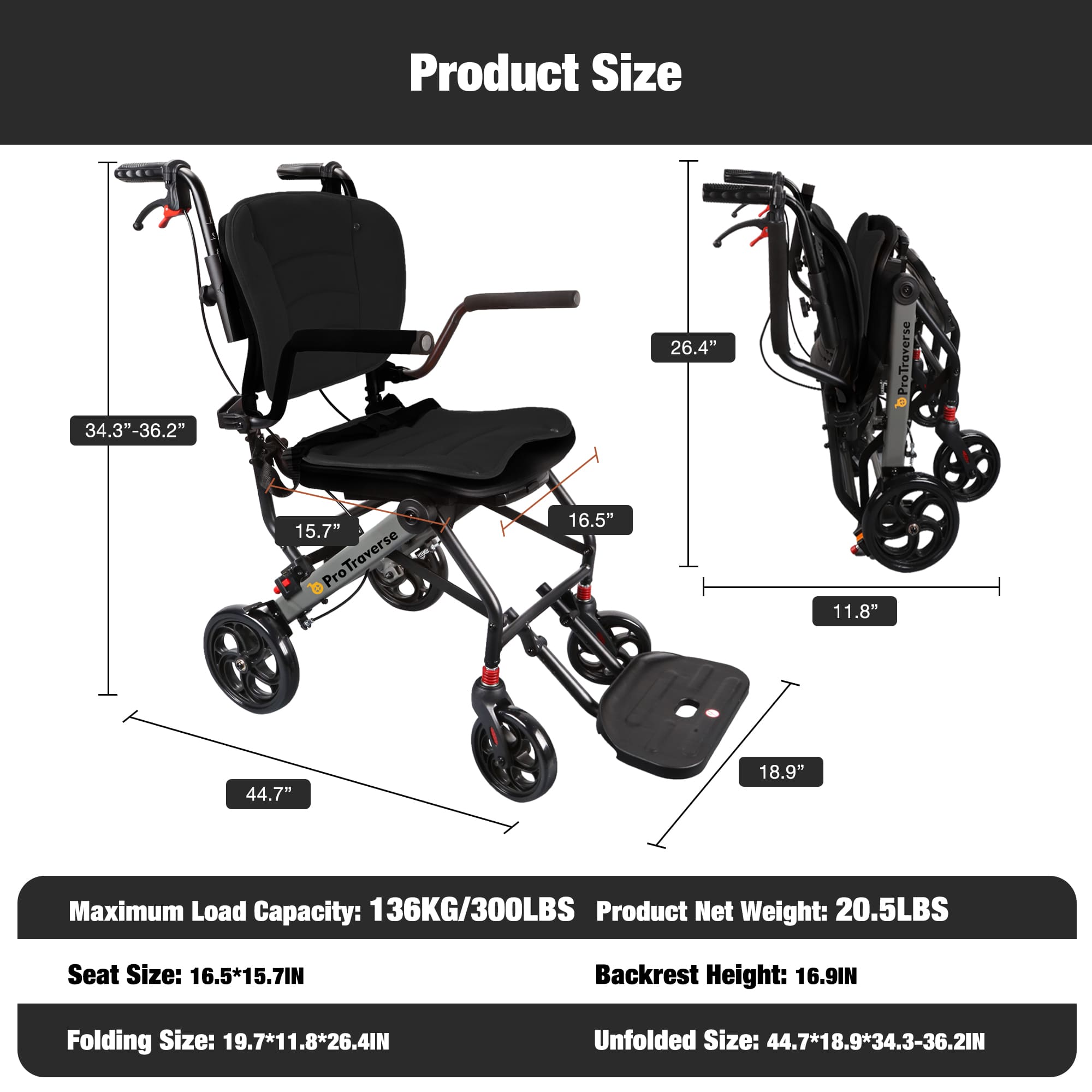 a05 black transport wheelchair size