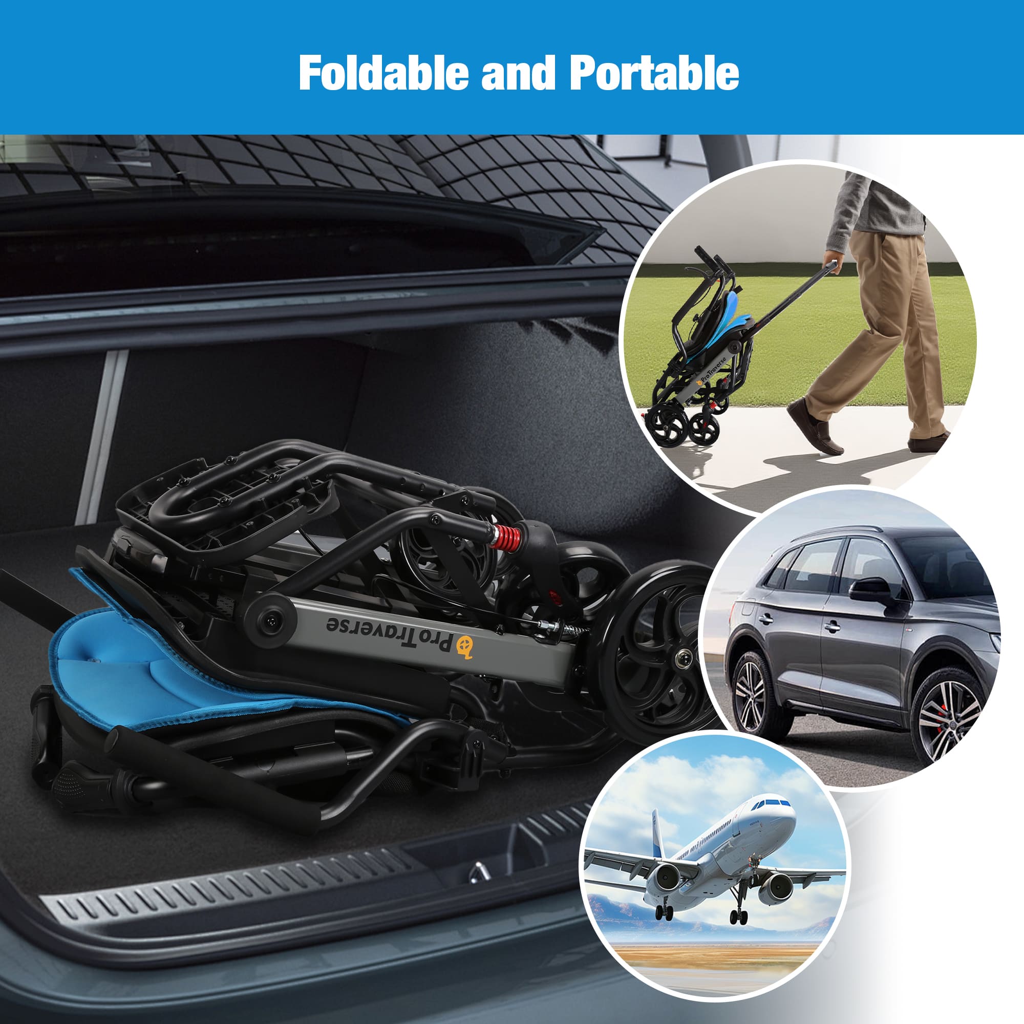 foldable and portable transport wheelchair#a05 blue