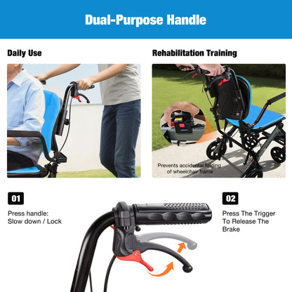 transport wheelchair with dual purpose handle#a05 blue