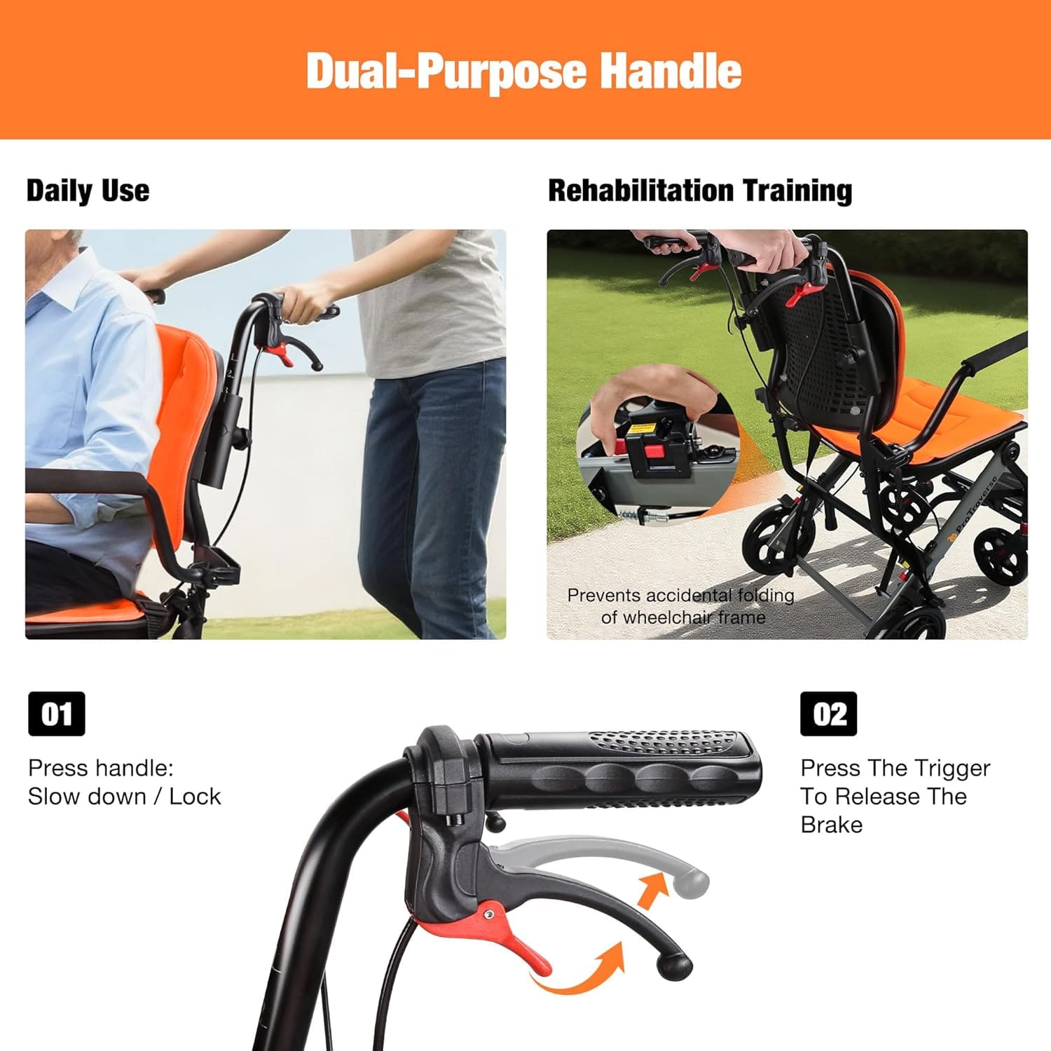 transport wheelchair with dual purpose handle
