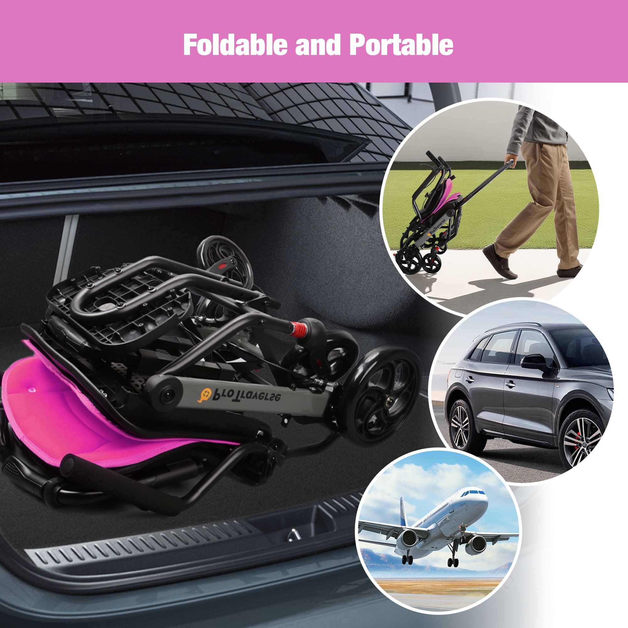 foldable and portable wheelchair on a car trunk