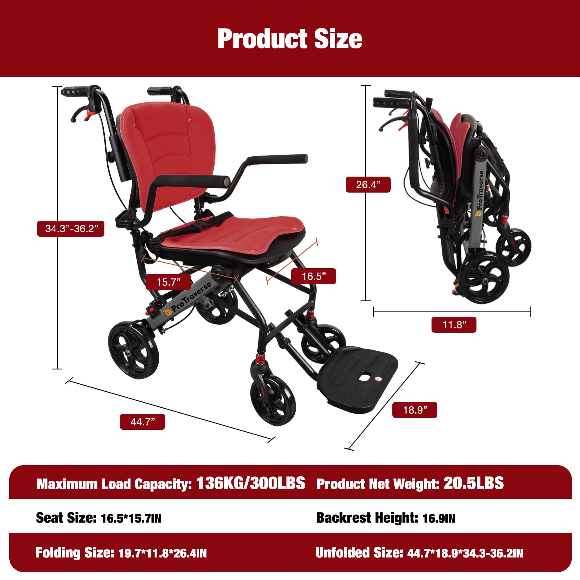 red transport wheelchair size