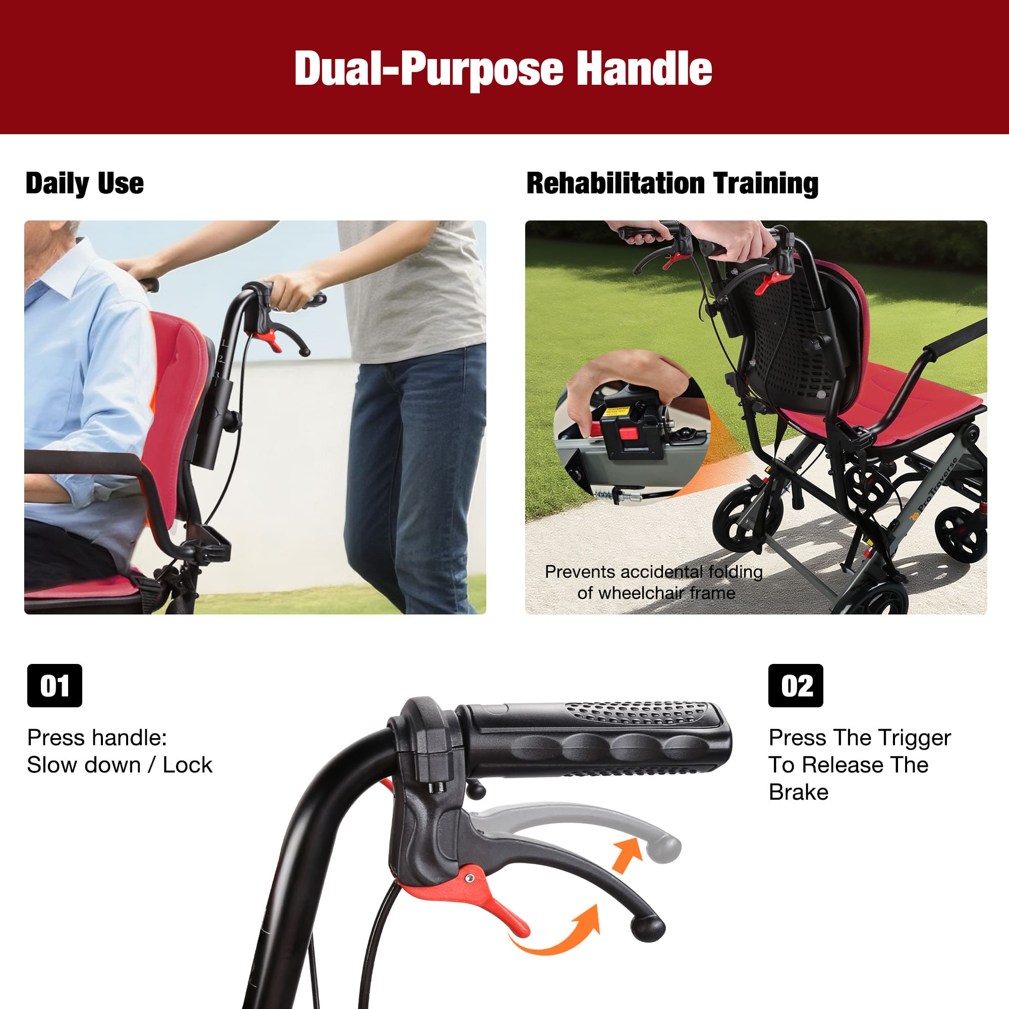 wheelchair handle with braking