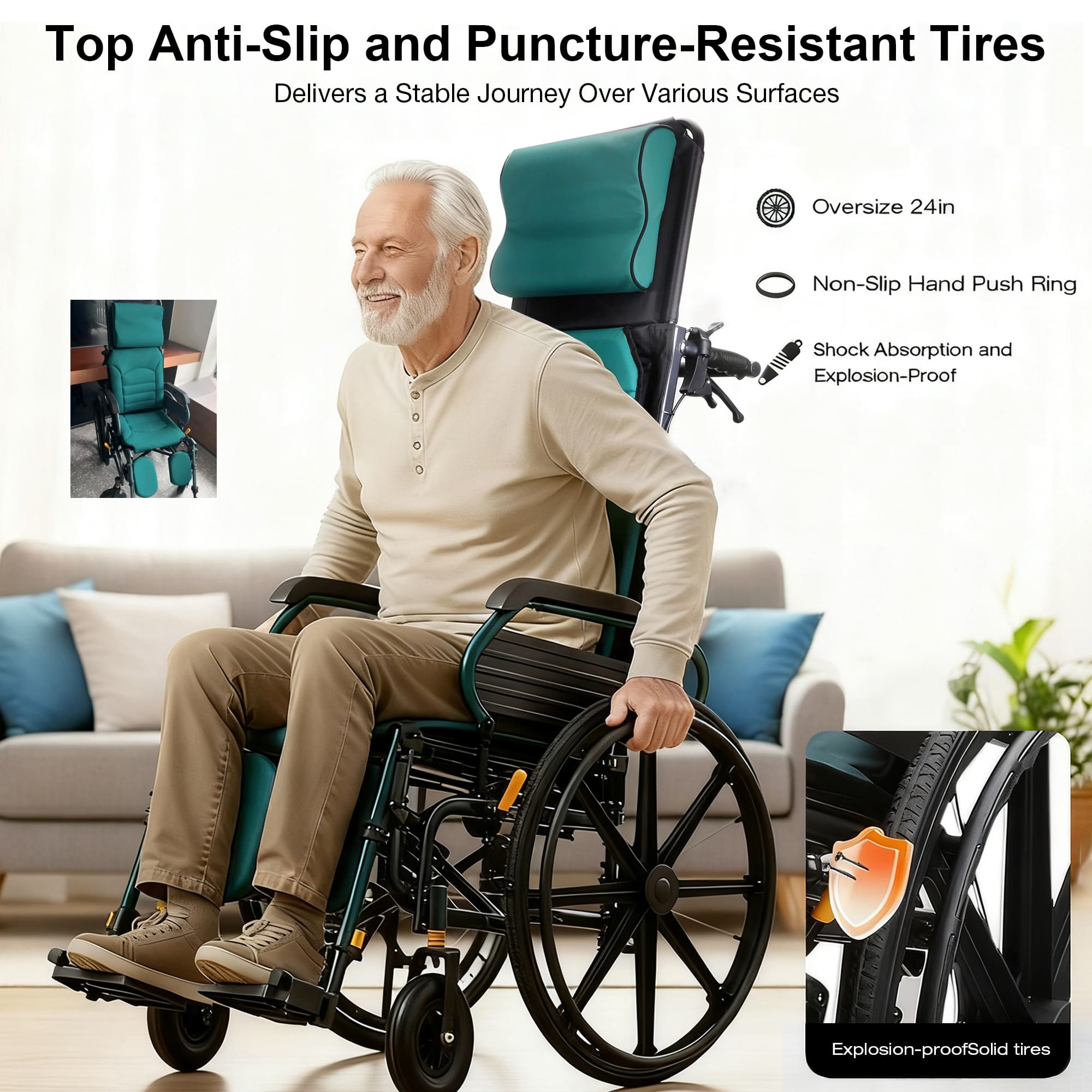 reclining wheelchair with anti-slip tires