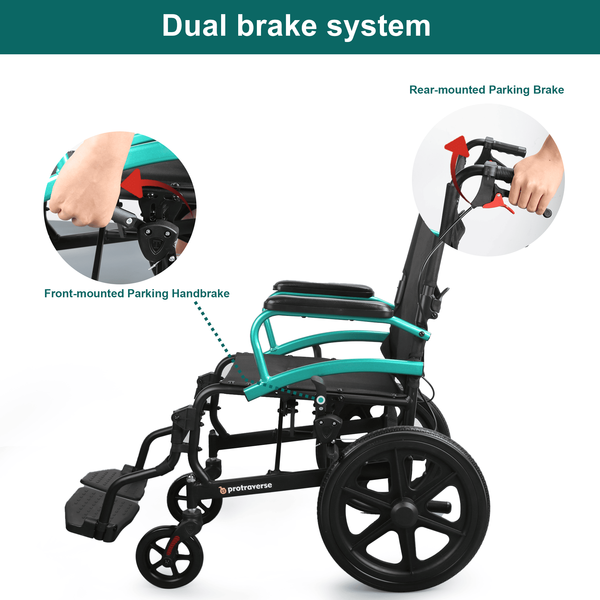 transport wheelchair with dual-brake system#a08 green