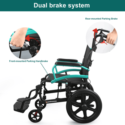 transport wheelchair with dual-brake system#a08 green