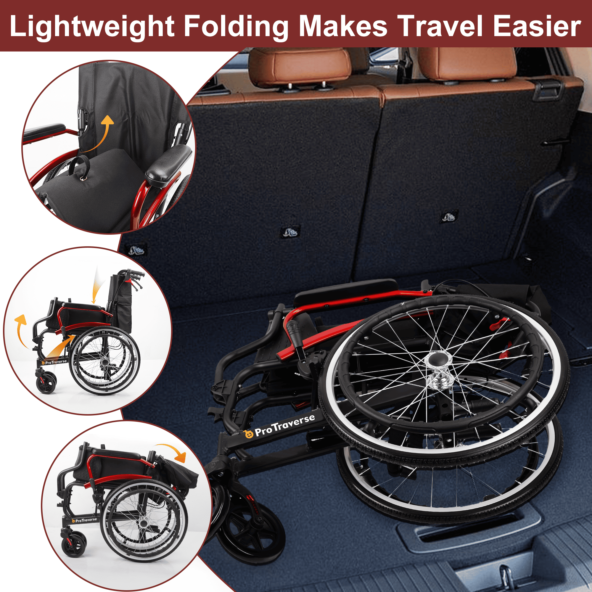 folding manual wheelchair in a car truck#a08s red