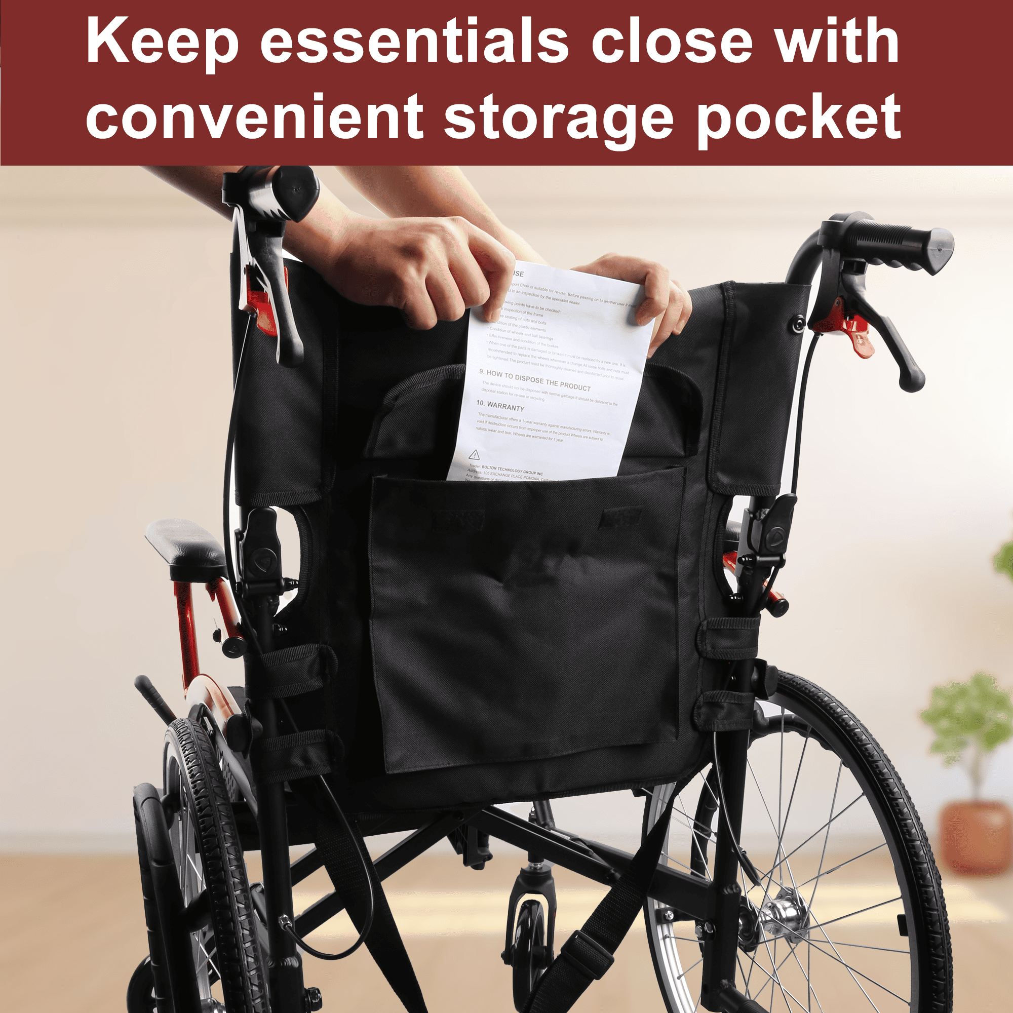 manual wheelchair with storage pocket#a08s red
